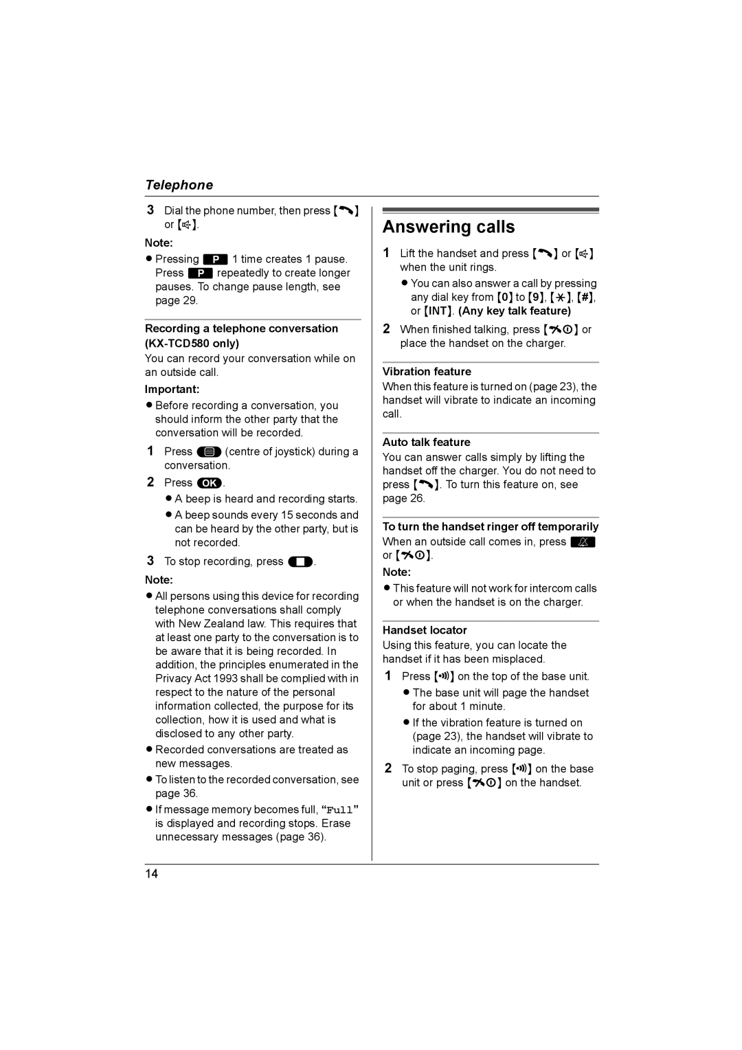 Panasonic KX-TCD560NZ, KX-TCD580NZ operating instructions Answering calls 