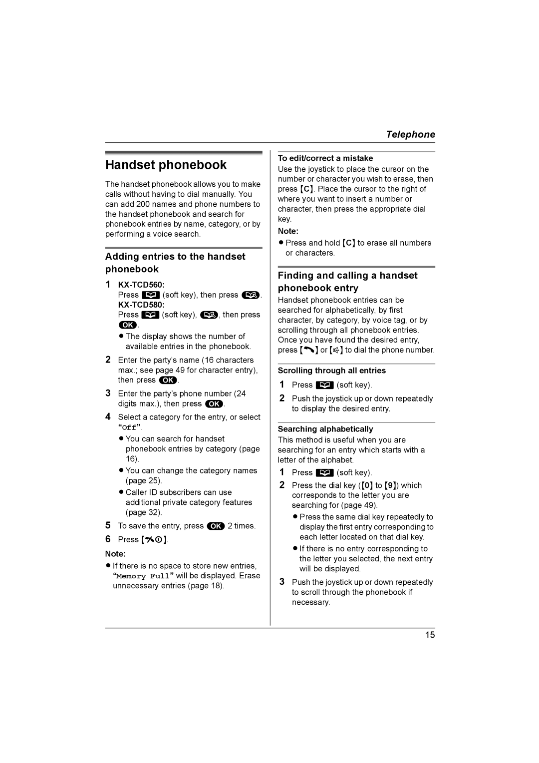 Panasonic KX-TCD580NZ, KX-TCD560NZ operating instructions Handset phonebook, Adding entries to the handset phonebook 