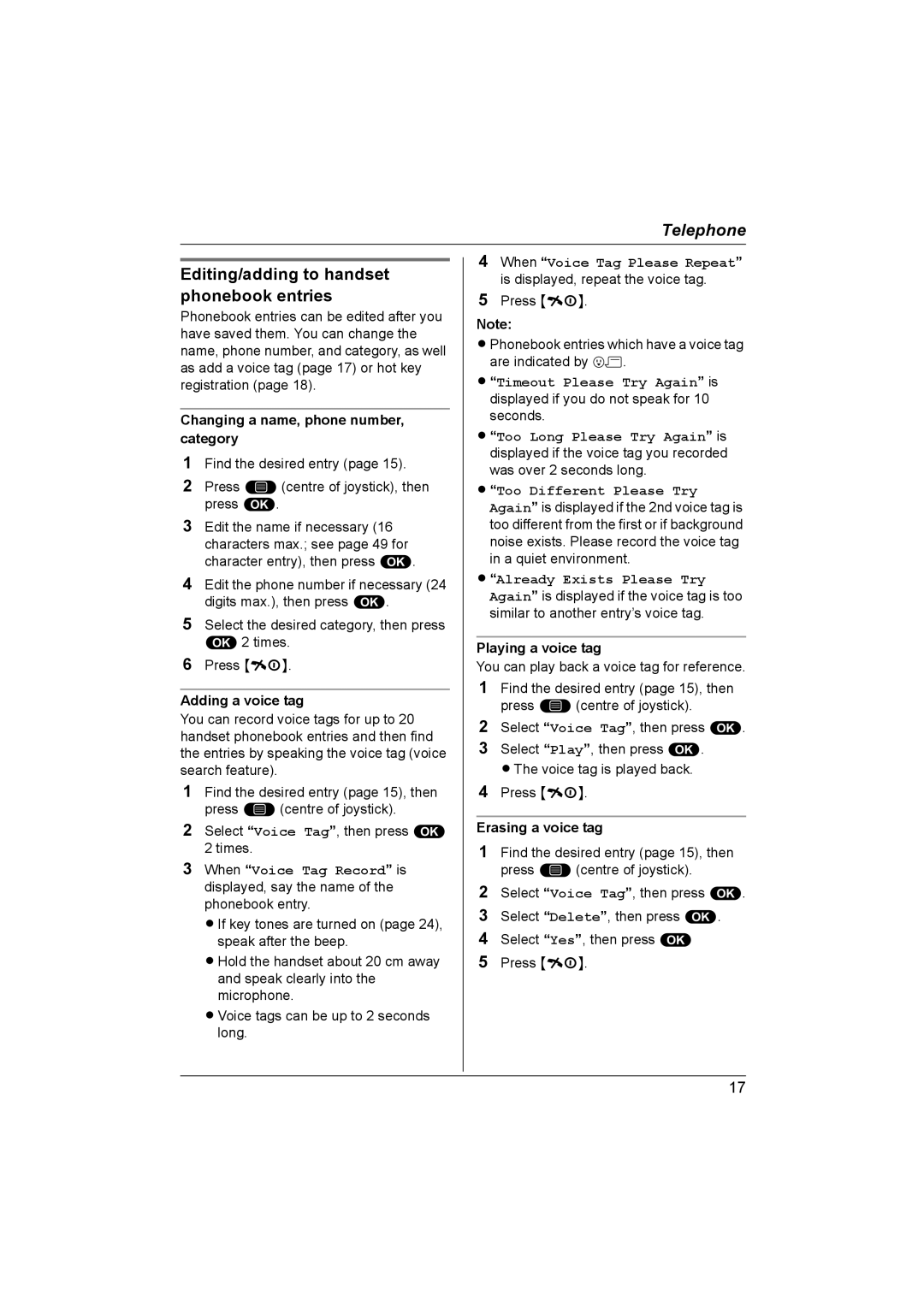 Panasonic KX-TCD580NZ, KX-TCD560NZ Editing/adding to handset phonebook entries, Changing a name, phone number, category 