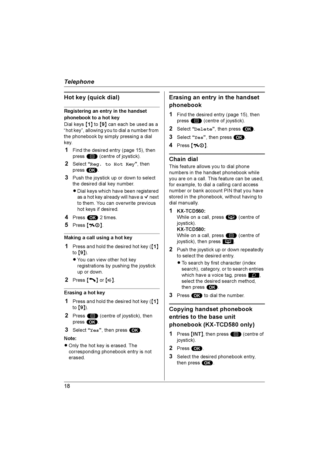 Panasonic KX-TCD560NZ, KX-TCD580NZ Hot key quick dial, Erasing an entry in the handset phonebook, Chain dial 