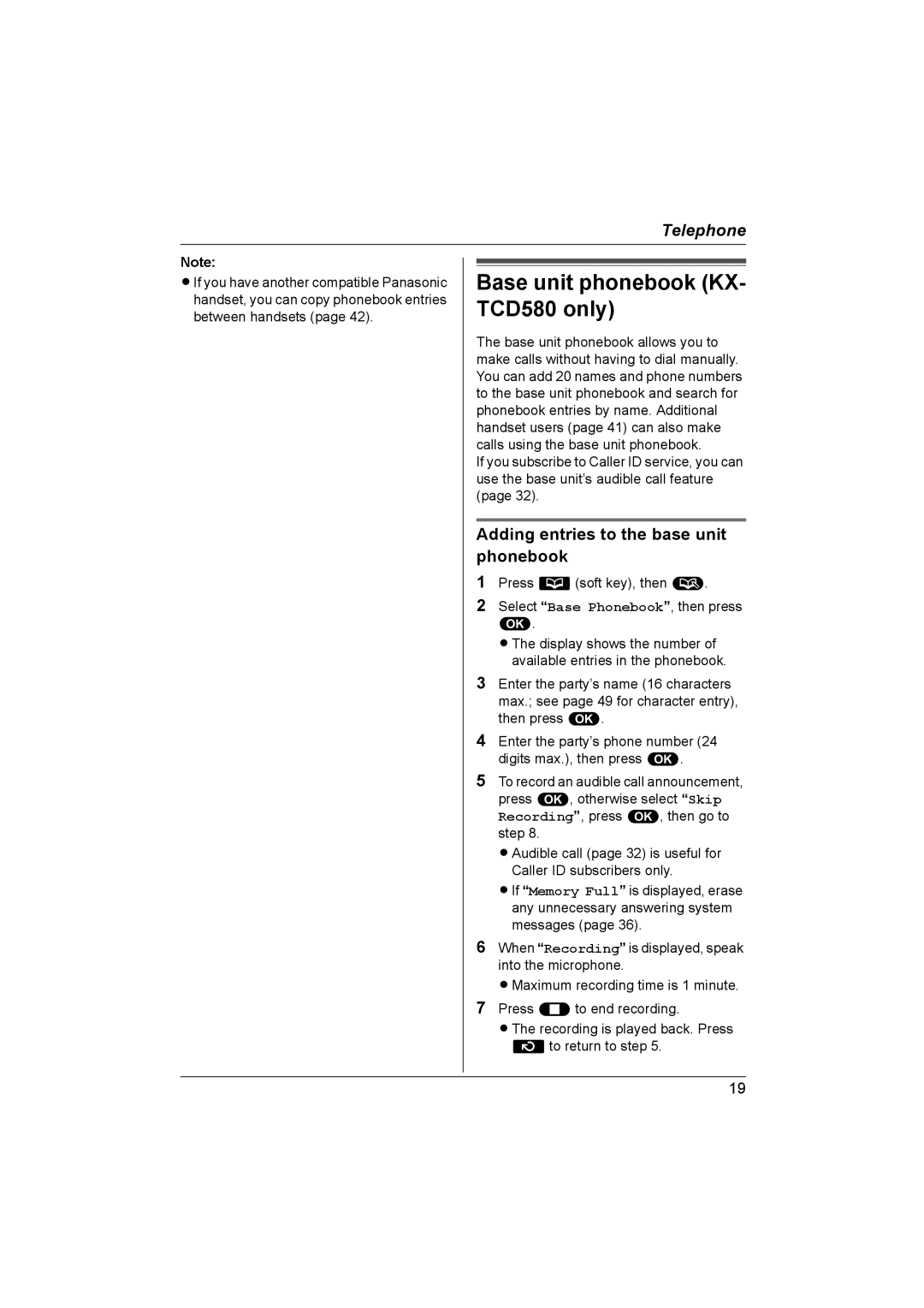 Panasonic KX-TCD580NZ, KX-TCD560NZ Base unit phonebook KX- TCD580 only, Adding entries to the base unit phonebook 