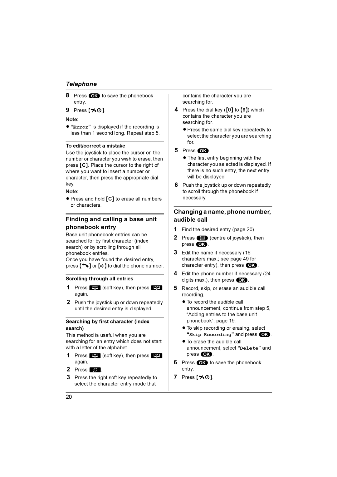 Panasonic KX-TCD560NZ Finding and calling a base unit phonebook entry, Changing a name, phone number, audible call 