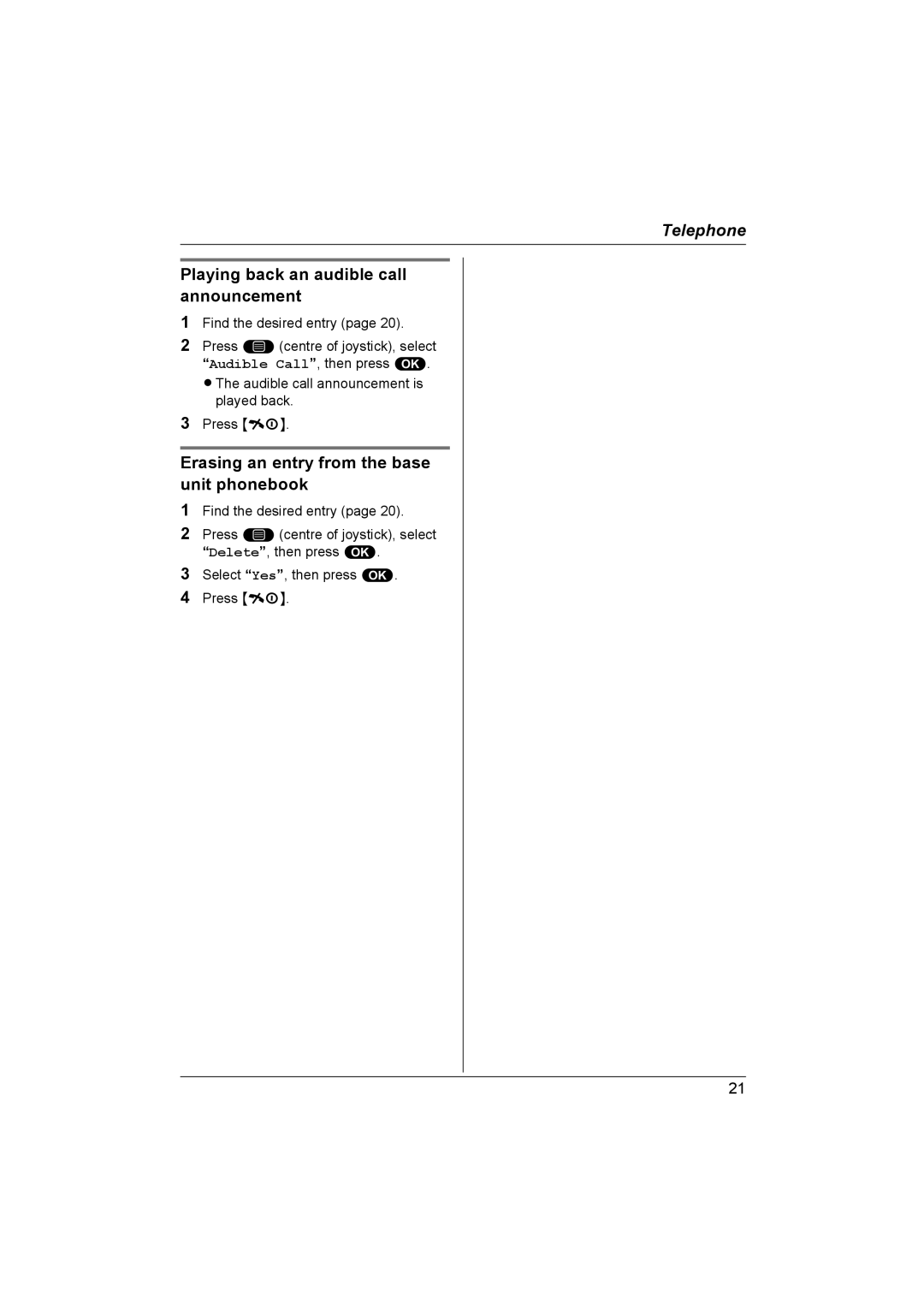 Panasonic KX-TCD580NZ Playing back an audible call announcement, Erasing an entry from the base unit phonebook 