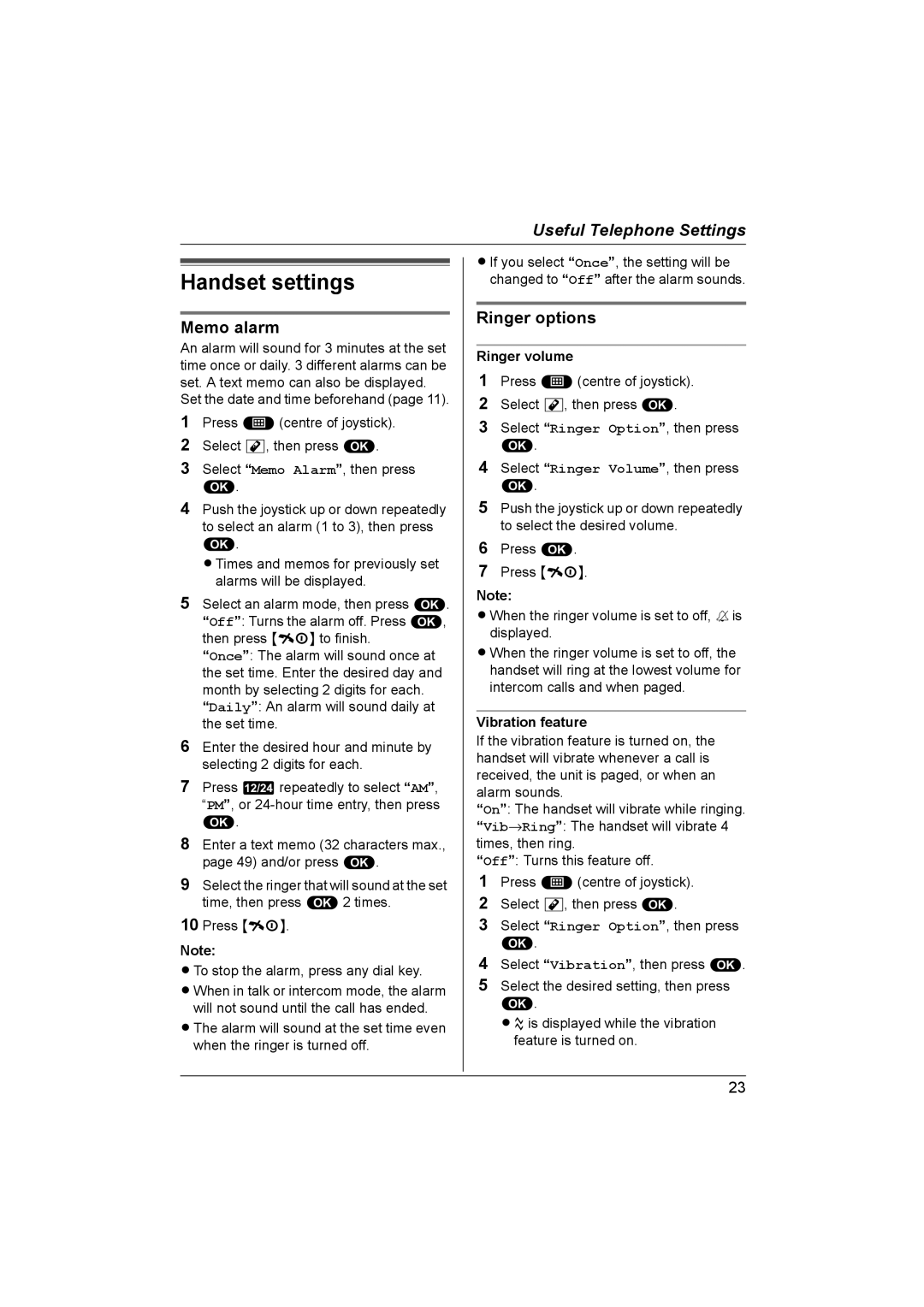 Panasonic KX-TCD580NZ, KX-TCD560NZ operating instructions Handset settings, Memo alarm, Ringer options, Ringer volume 