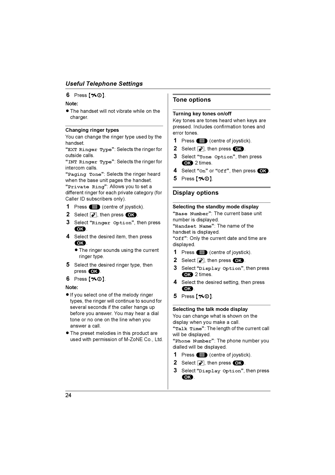 Panasonic KX-TCD560NZ, KX-TCD580NZ Tone options, Display options, Changing ringer types, Turning key tones on/off 