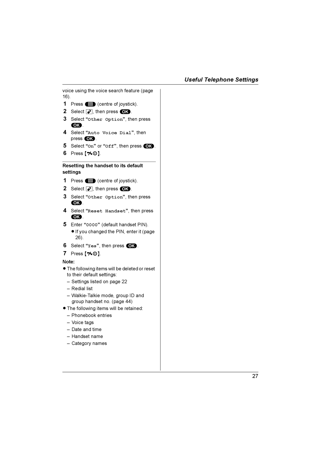 Panasonic KX-TCD580NZ, KX-TCD560NZ operating instructions Resetting the handset to its default settings 