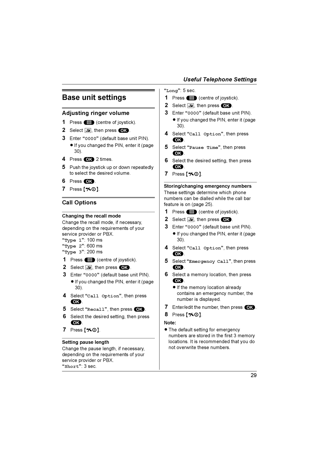 Panasonic KX-TCD580NZ Base unit settings, Adjusting ringer volume, Changing the recall mode, Setting pause length 