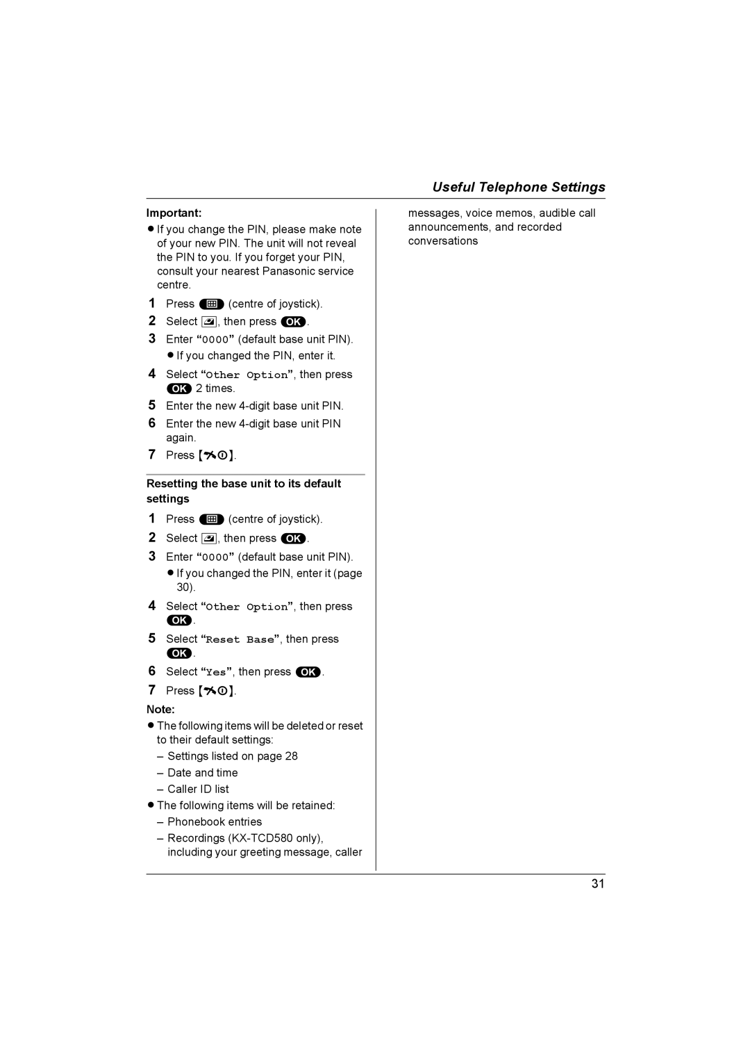 Panasonic KX-TCD580NZ, KX-TCD560NZ operating instructions Resetting the base unit to its default settings 