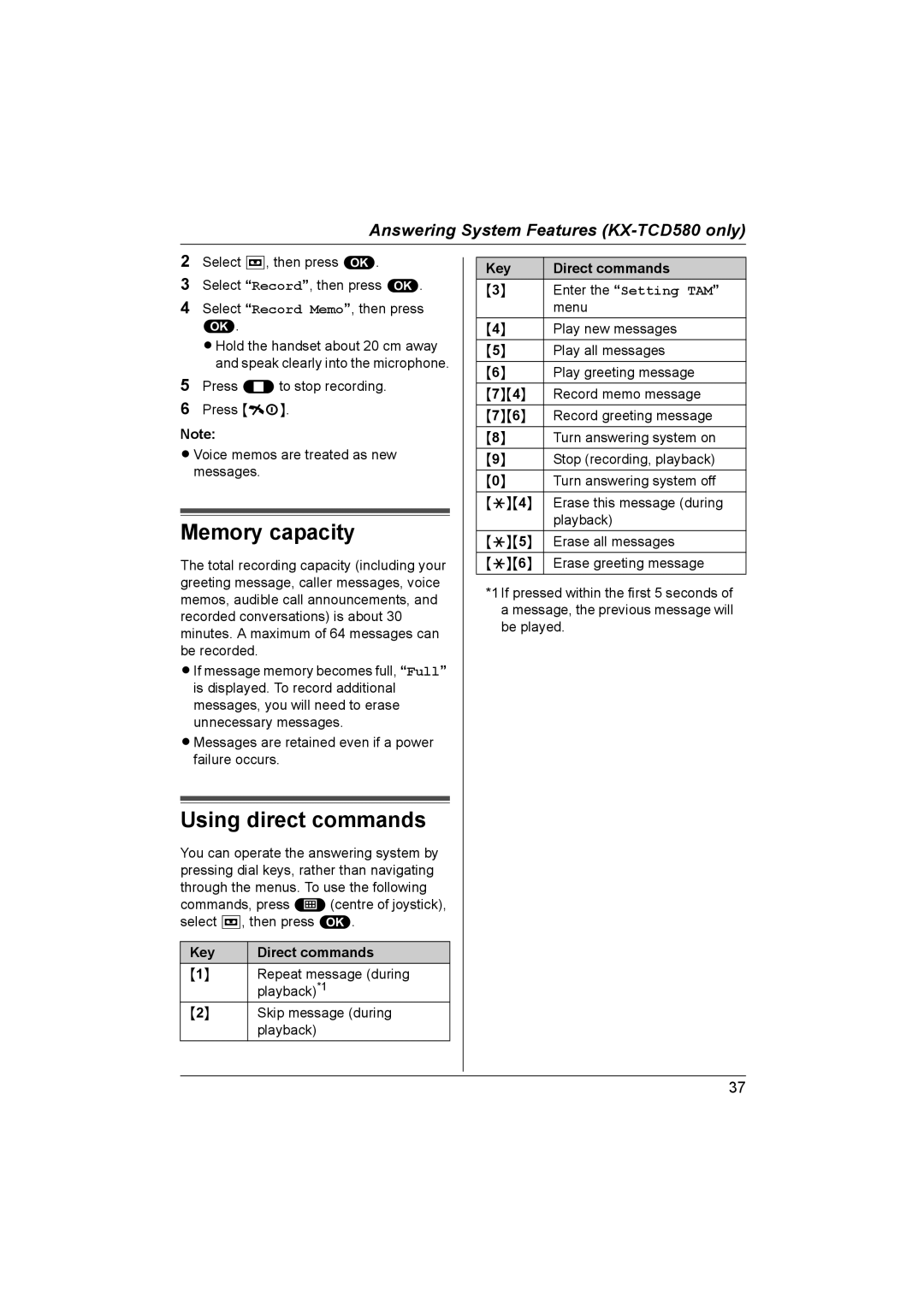 Panasonic KX-TCD580NZ, KX-TCD560NZ operating instructions Memory capacity, Using direct commands, Key Direct commands 