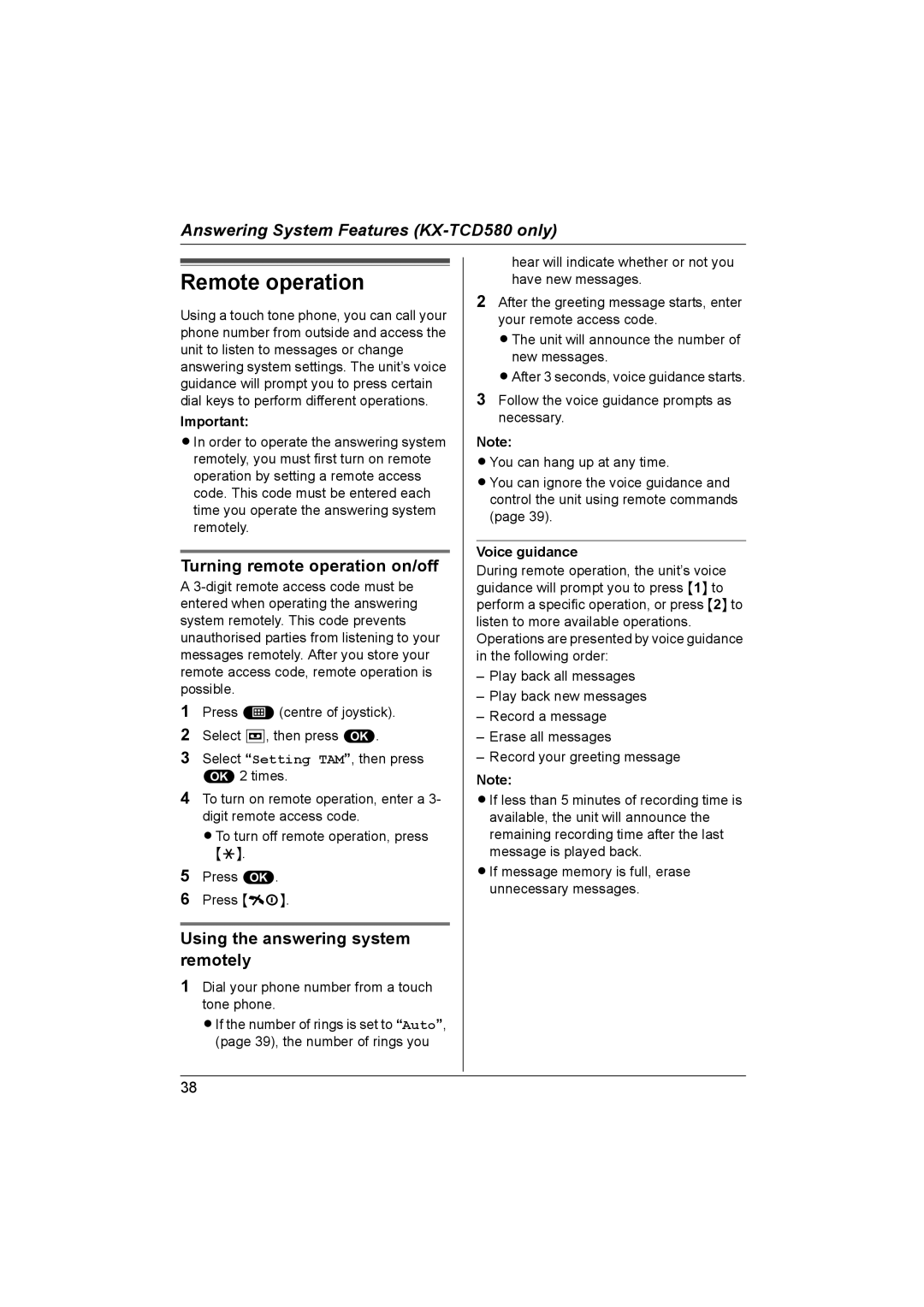 Panasonic KX-TCD560NZ, KX-TCD580NZ Remote operation, Turning remote operation on/off, Using the answering system remotely 