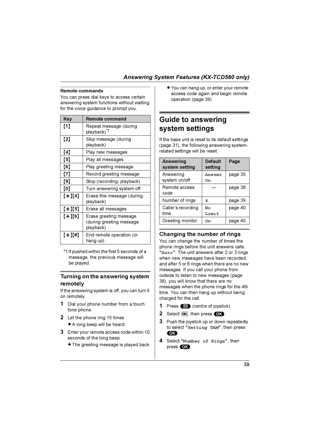 Panasonic KX-TCD580NZ, KX-TCD560NZ Turning on the answering system remotely, Changing the number of rings, Remote commands 