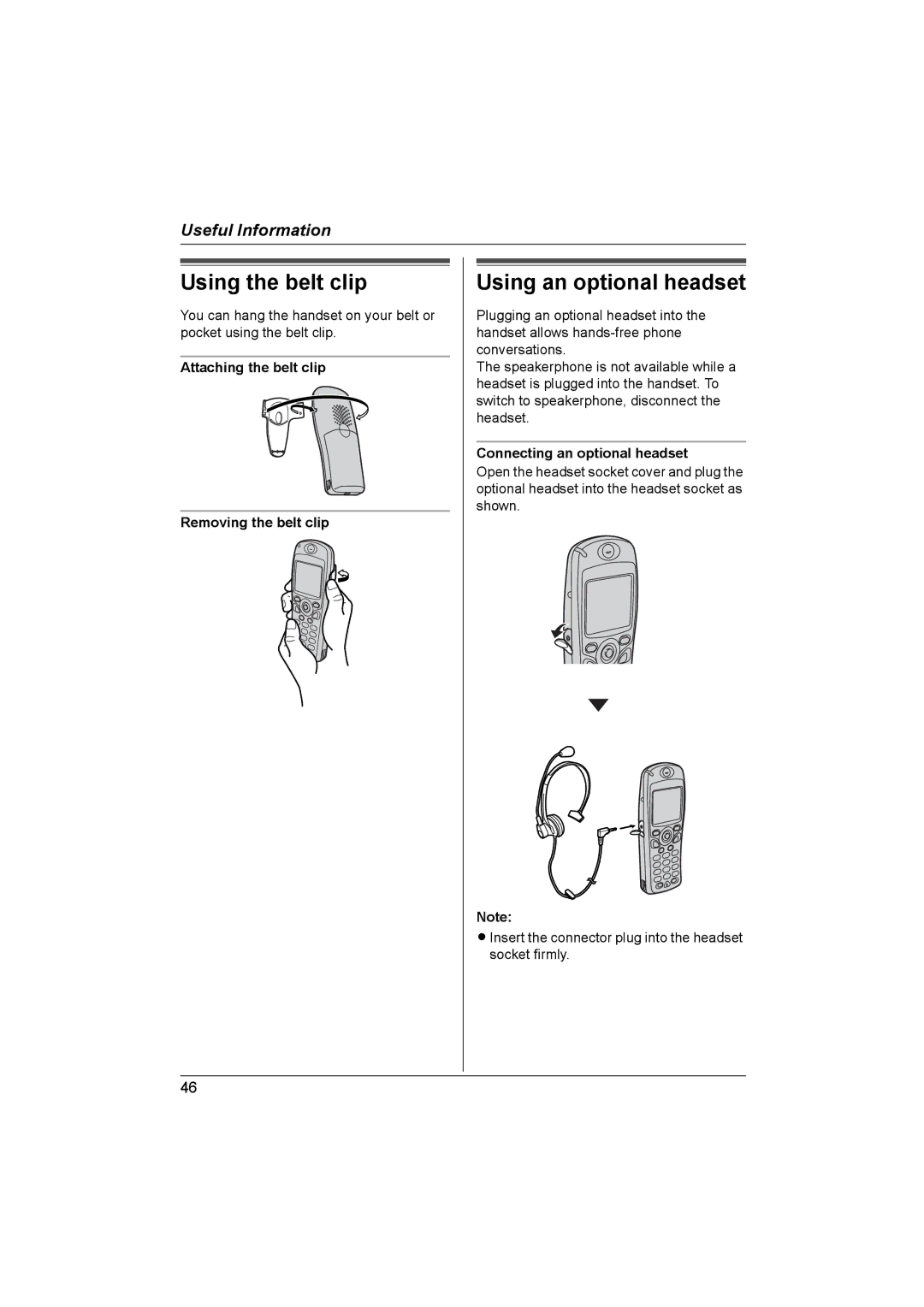 Panasonic KX-TCD560NZ Using the belt clip, Using an optional headset, Attaching the belt clip Removing the belt clip 