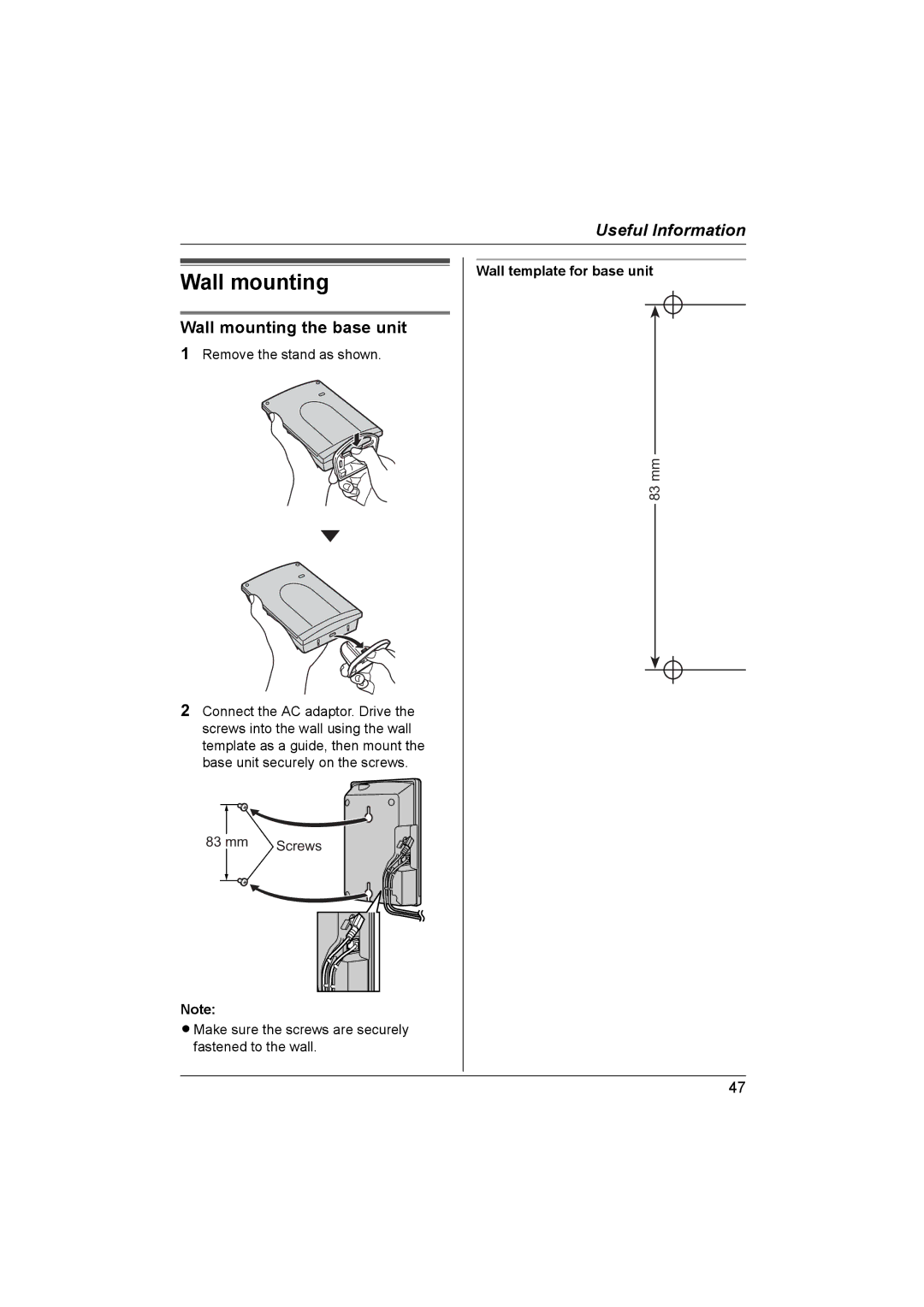 Panasonic KX-TCD580NZ, KX-TCD560NZ operating instructions Wall mounting the base unit, Wall template for base unit 