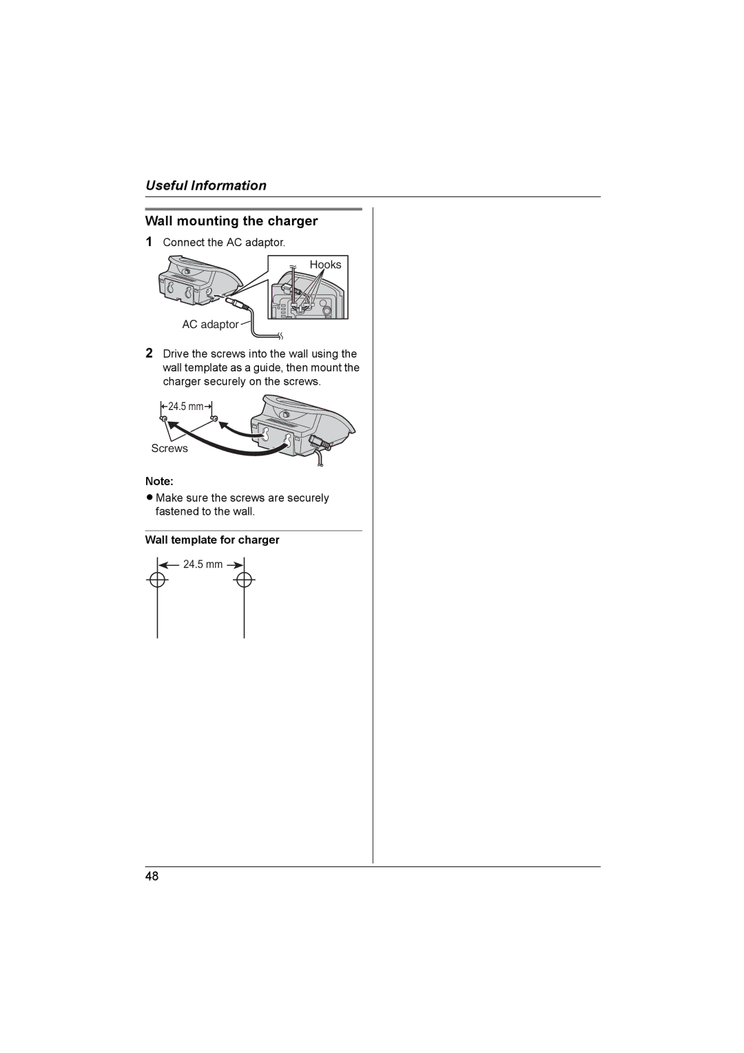 Panasonic KX-TCD560NZ, KX-TCD580NZ operating instructions Wall mounting the charger, Wall template for charger 