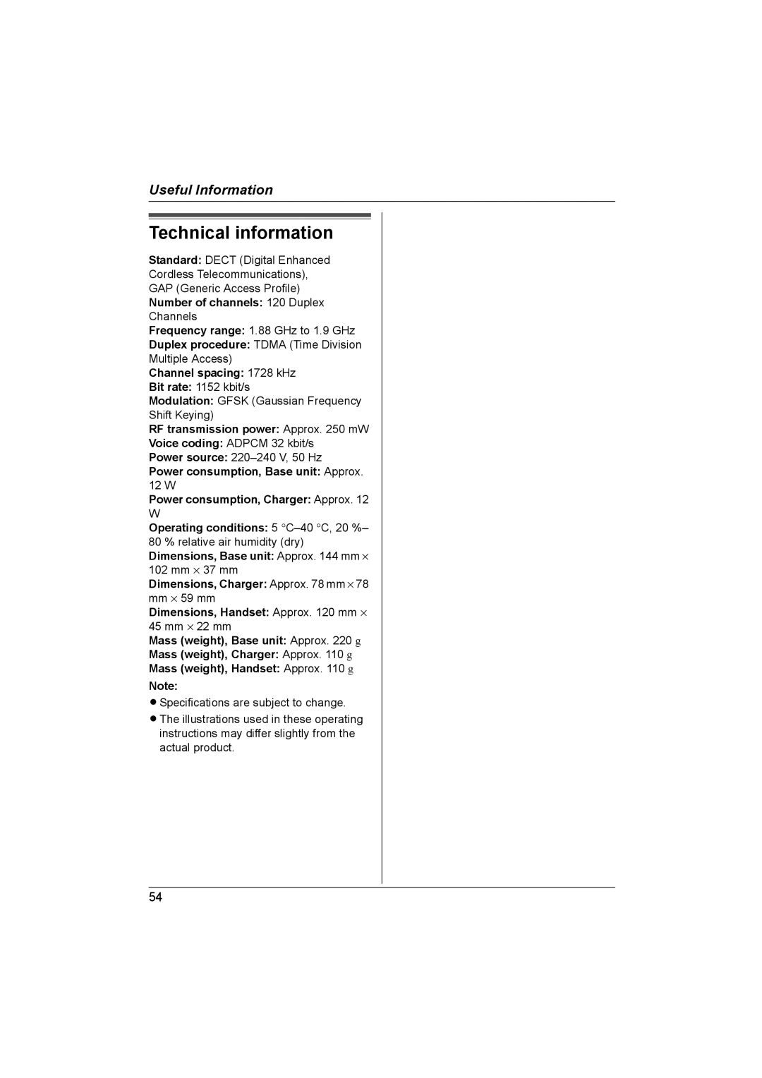 Panasonic KX-TCD560NZ, KX-TCD580NZ Technical information, Channel spacing 1728 kHz, RF transmission power Approx mW 