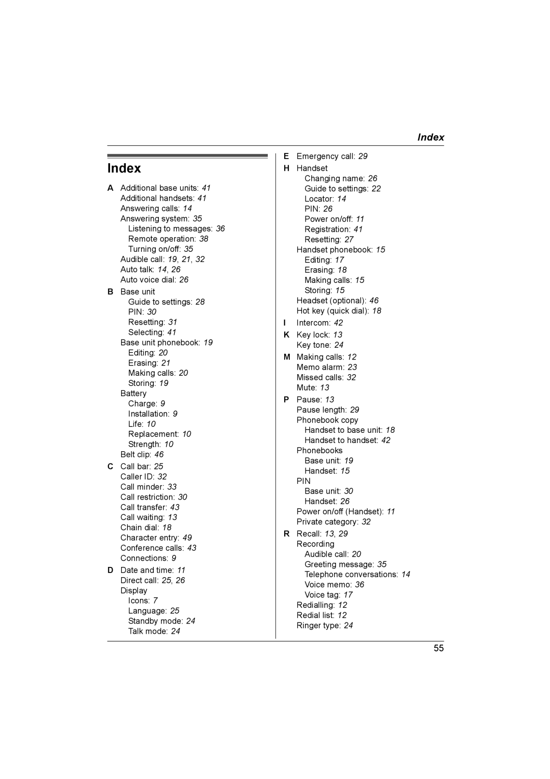 Panasonic KX-TCD580NZ, KX-TCD560NZ operating instructions Index, Pin 