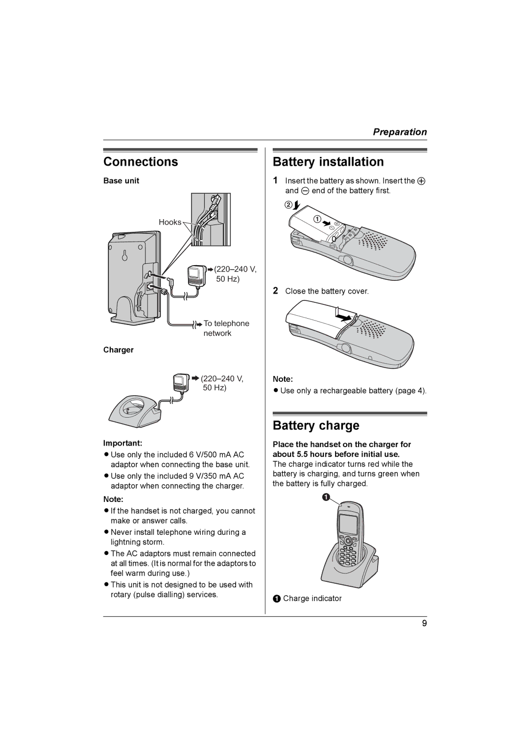 Panasonic KX-TCD580NZ, KX-TCD560NZ operating instructions Connections, Battery installation, Battery charge, Base unit 