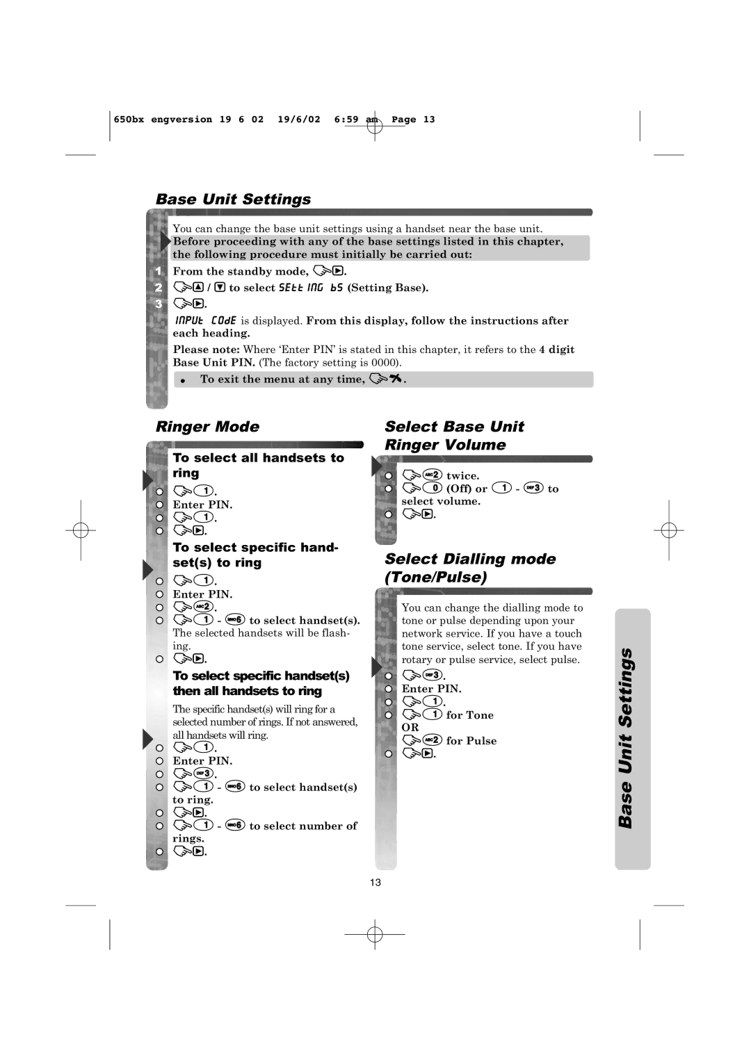 Panasonic KX-TCD650BX Base Unit Settings, Ringer Mode, Select Base Unit Ringer Volume, Select Dialling mode Tone/Pulse 