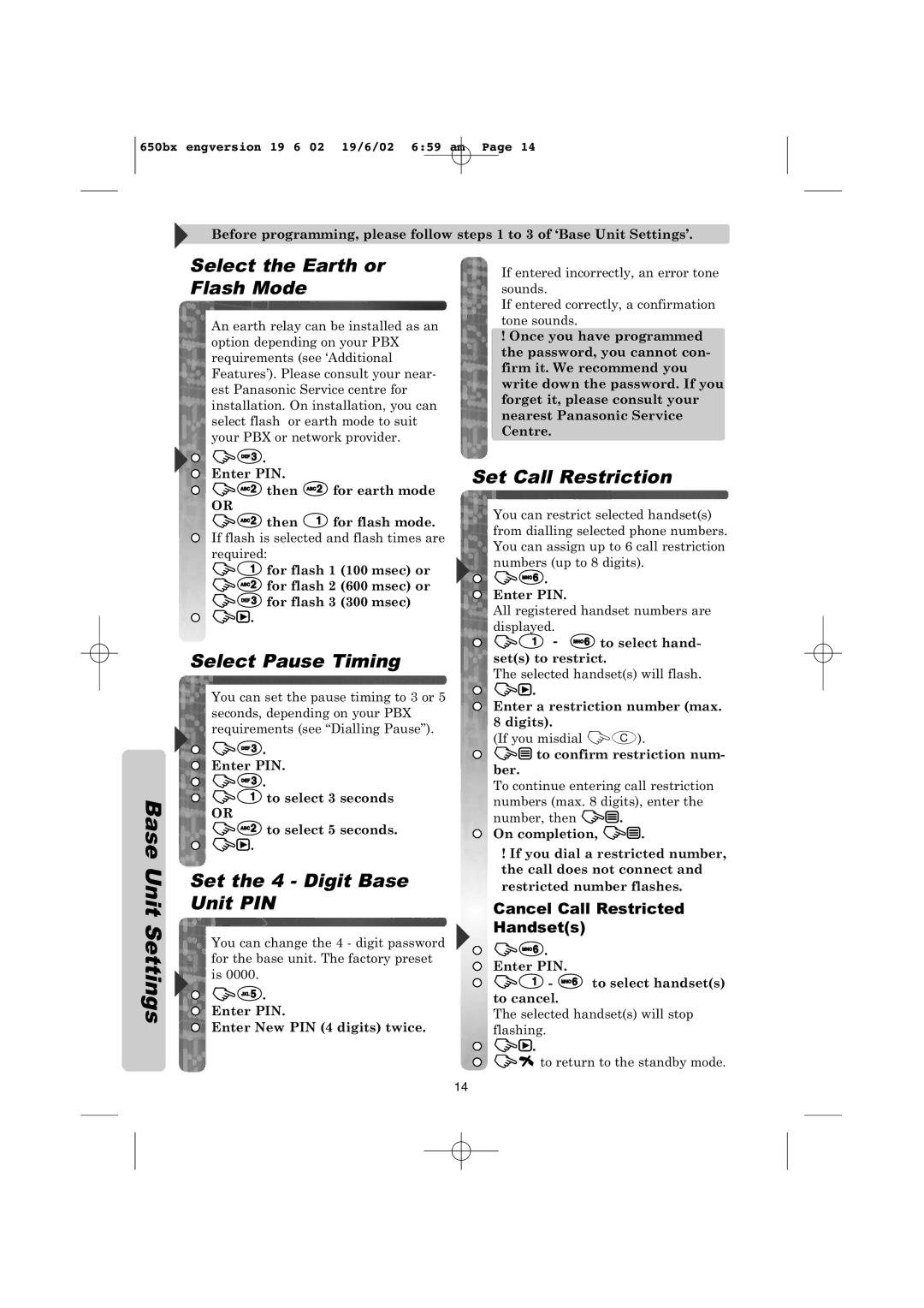 Panasonic KX-TCD650BX Select the Earth or Flash Mode, Select Pause Timing, Set the 4 Digit Base Unit PIN 