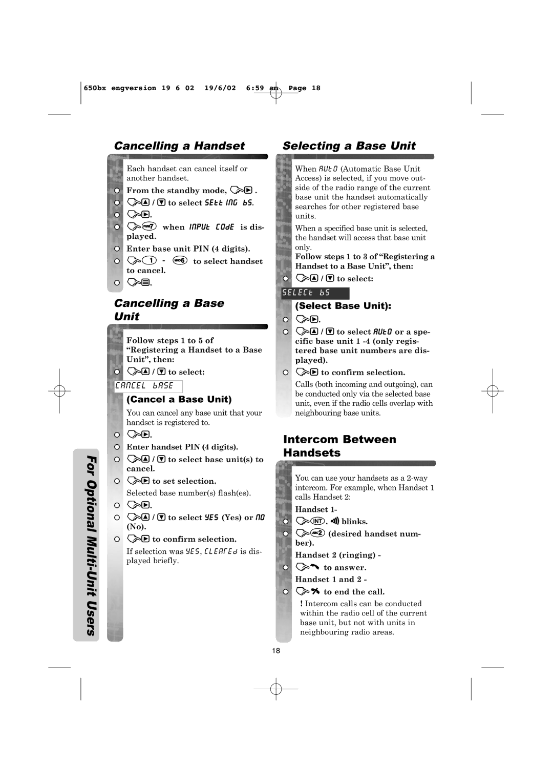 Panasonic KX-TCD650BX For Optional Multi-Unit Users Cancelling a Handset, Cancelling a Base Unit, Selecting a Base Unit 