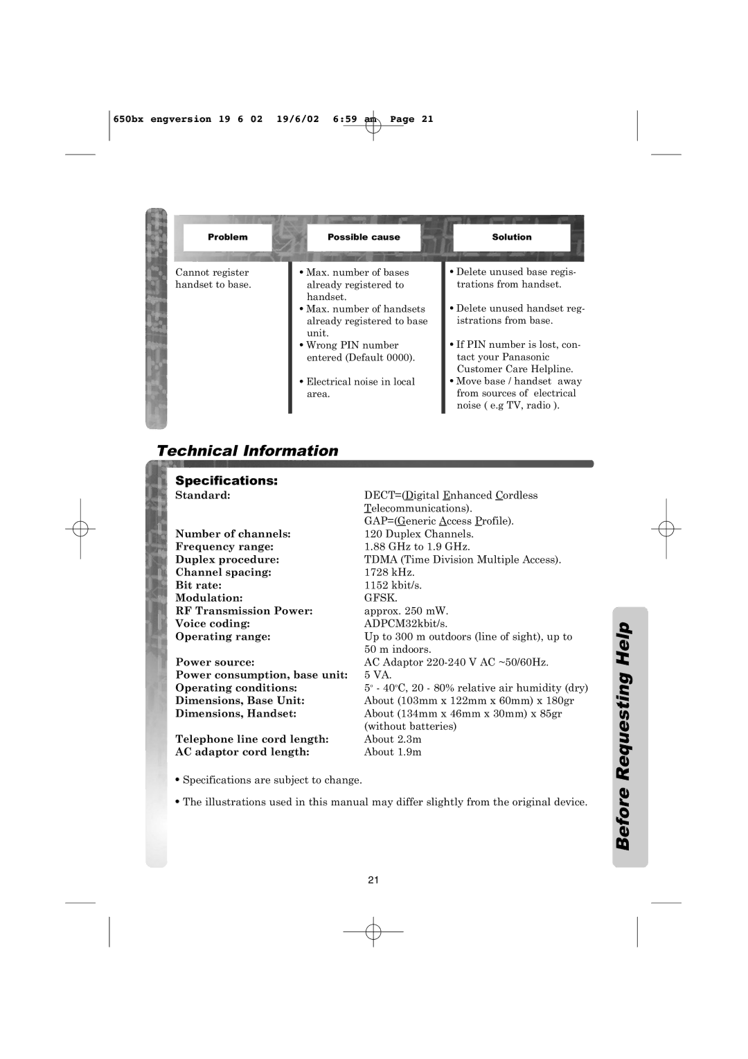 Panasonic KX-TCD650BX operating instructions Technical Information, Specifications 