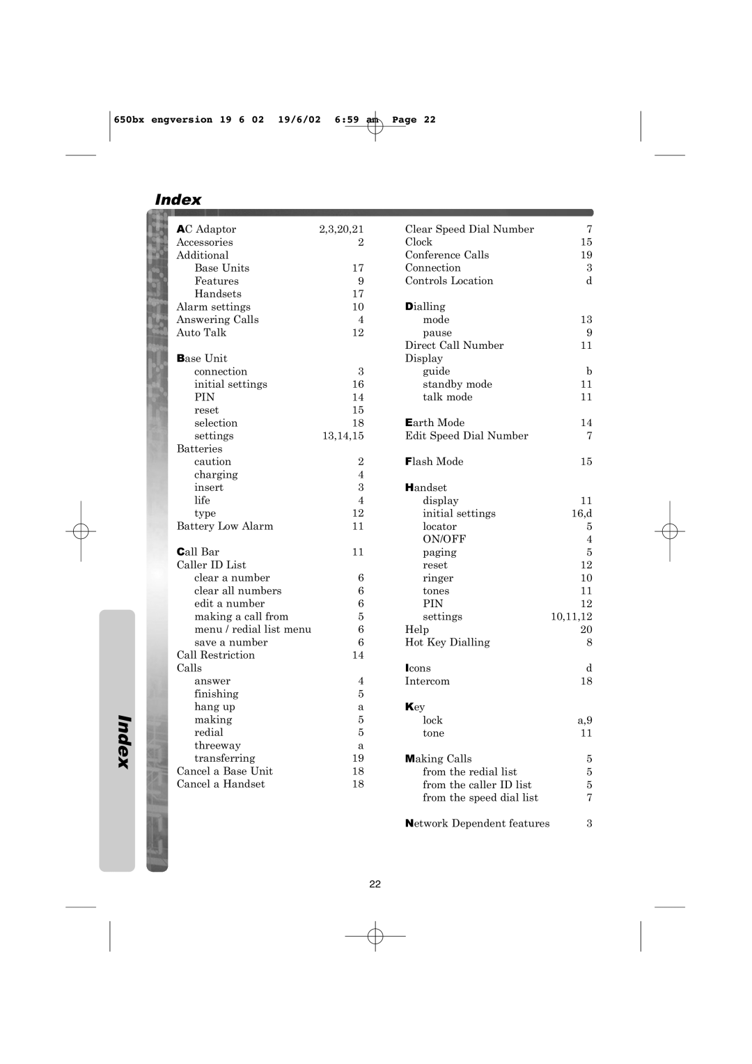 Panasonic KX-TCD650BX operating instructions Index 