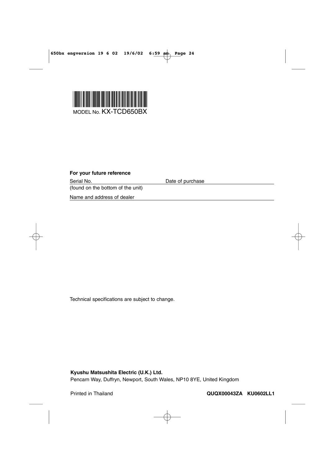 Panasonic operating instructions Model No. KX-TCD650BX 