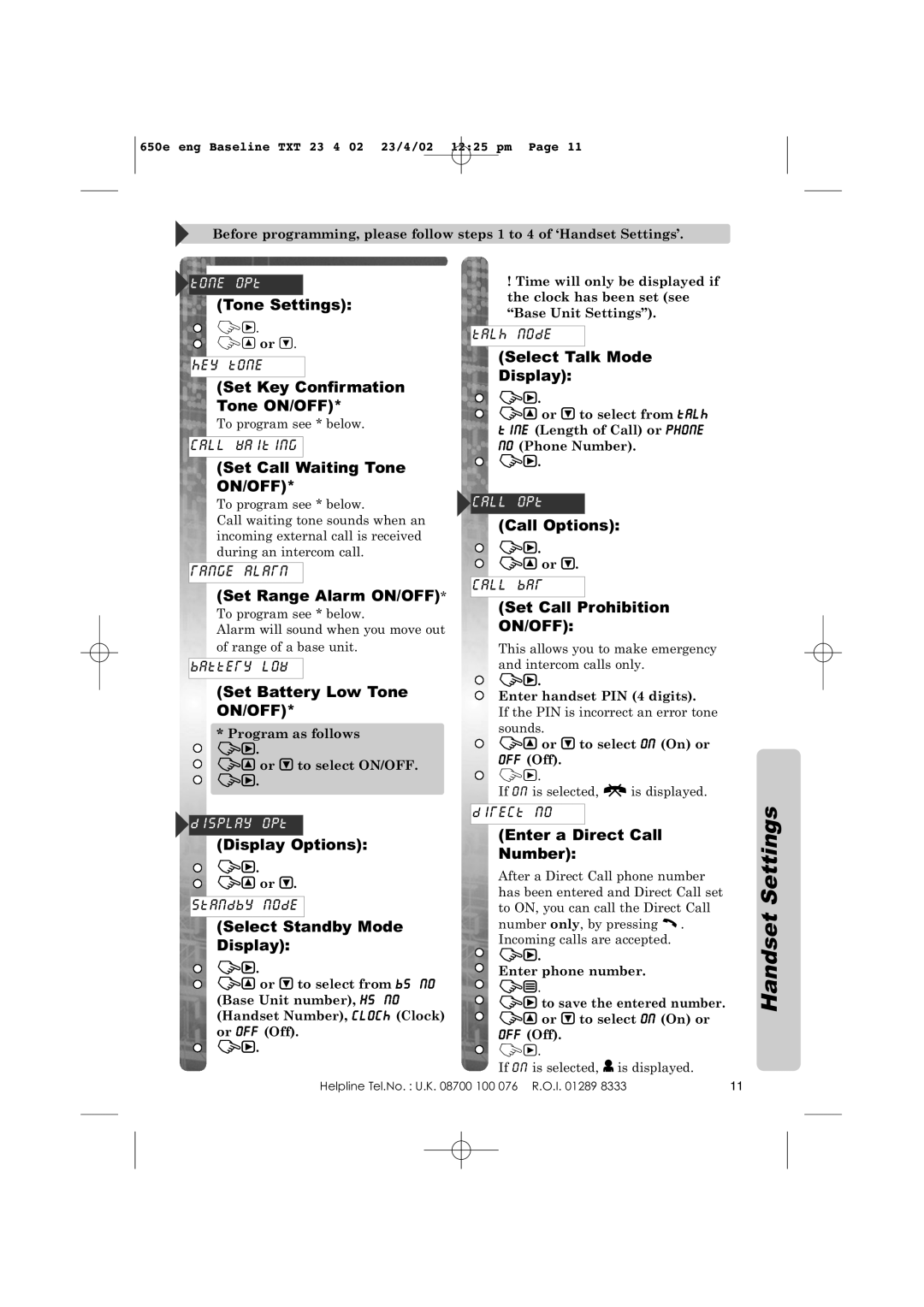 Panasonic KX-TCD650E Tone Settings, Set Key Confirmation Tone ON/OFF, Set Call Waiting Tone ON/OFF, Set Range Alarm ON/OFF 