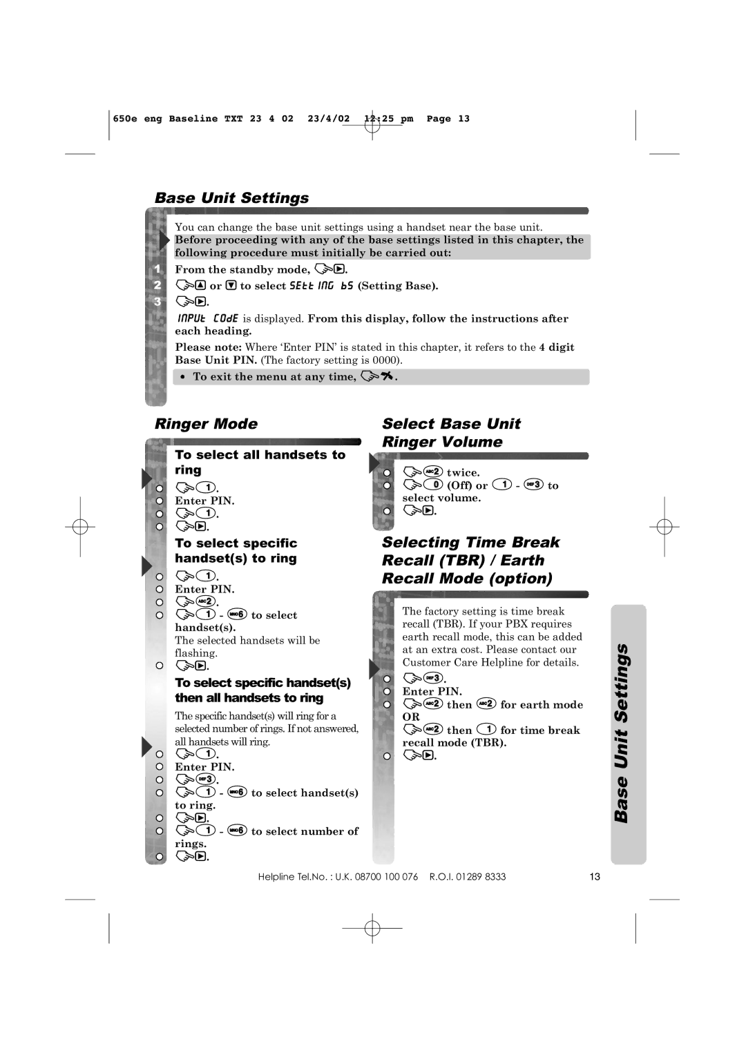 Panasonic KX-TCD650E operating instructions Base Unit Settings, Ringer Mode, Select Base Unit Ringer Volume 