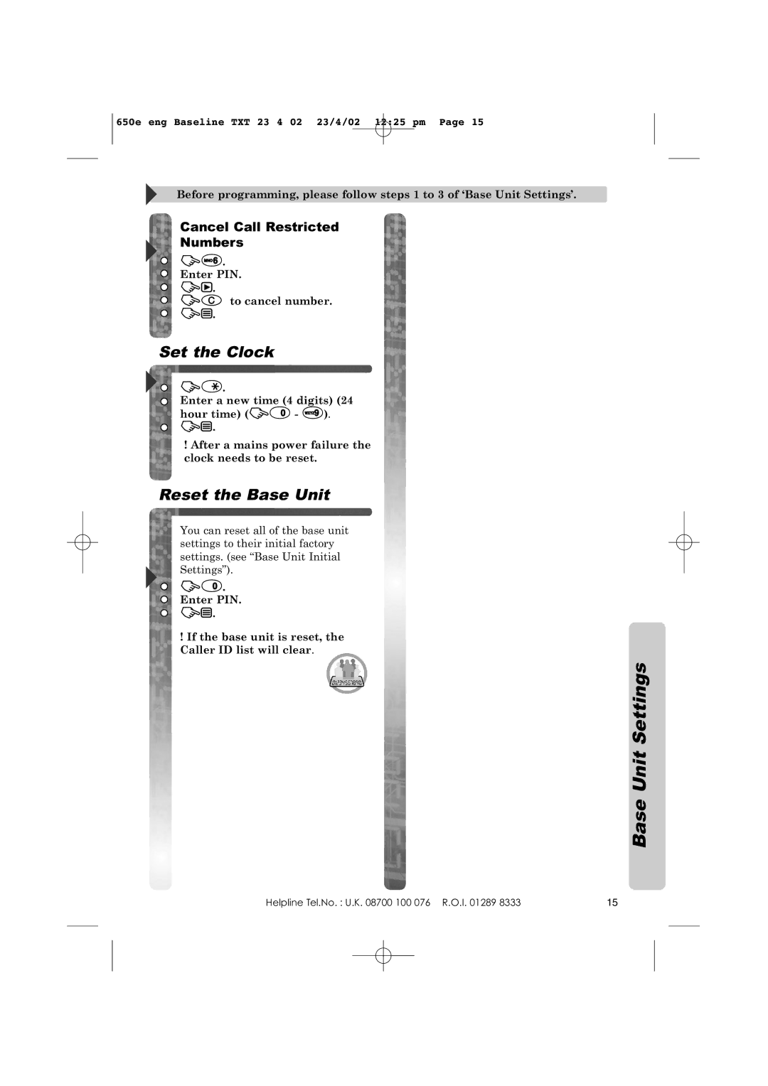 Panasonic KX-TCD650E Set the Clock, Reset the Base Unit, Cancel Call Restricted Numbers, Enter PIN ZW to cancel number 