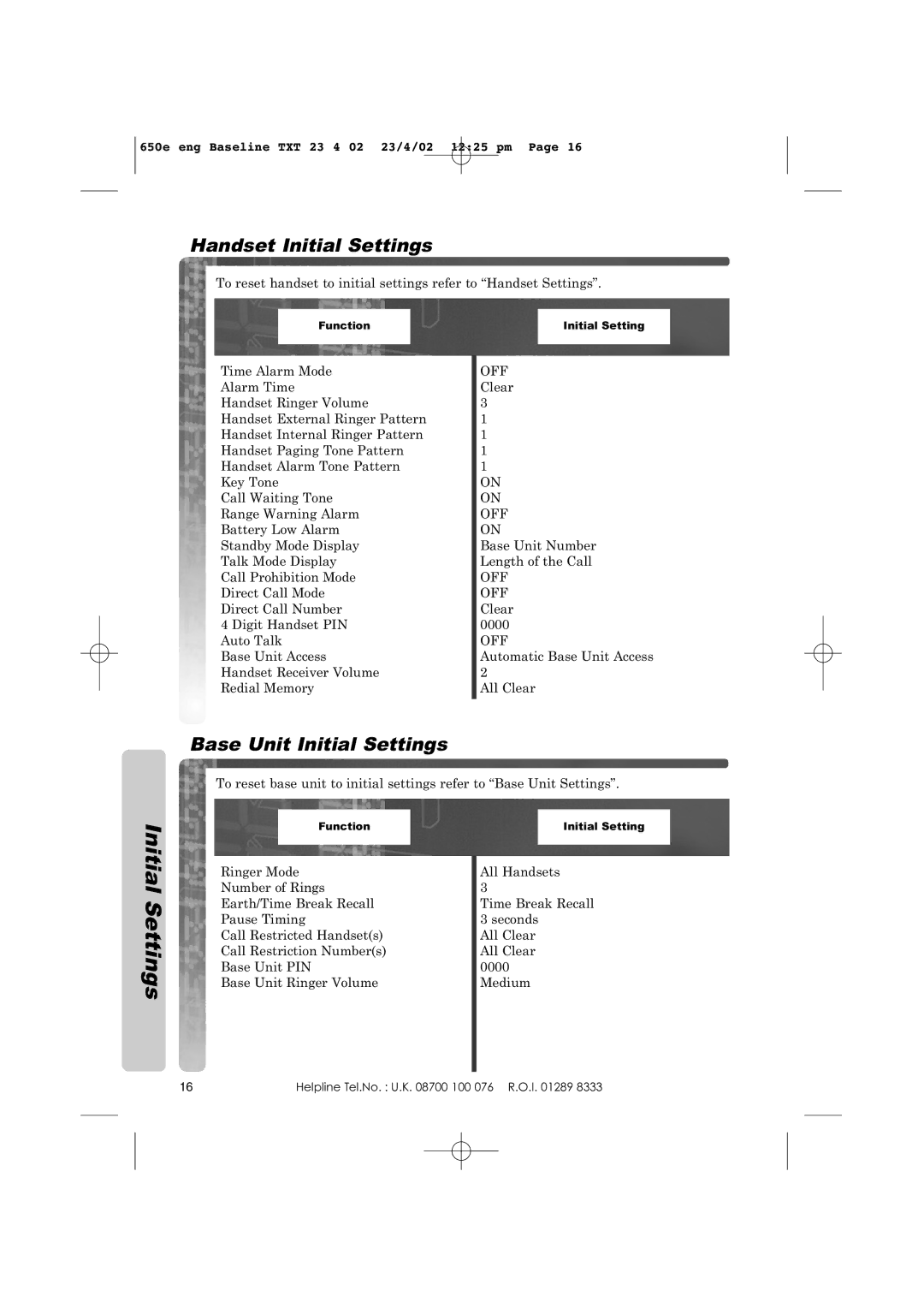 Panasonic KX-TCD650E operating instructions Handset Initial Settings, Base Unit Initial Settings 