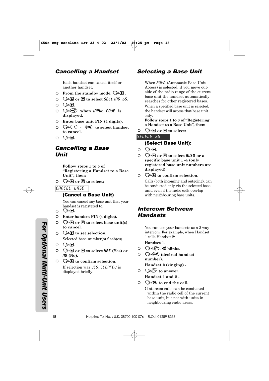 Panasonic KX-TCD650E operating instructions Cancelling a Base Unit, Intercom Between Handsets, Cancel a Base Unit 