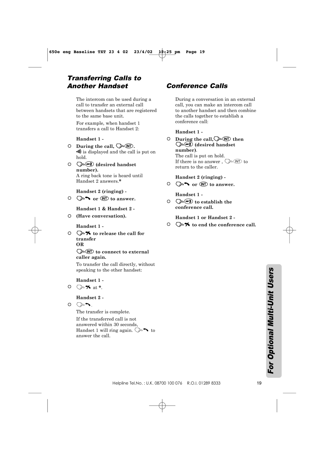 Panasonic KX-TCD650E Transferring Calls to Another Handset Conference Calls, Handset During the call, ZN 