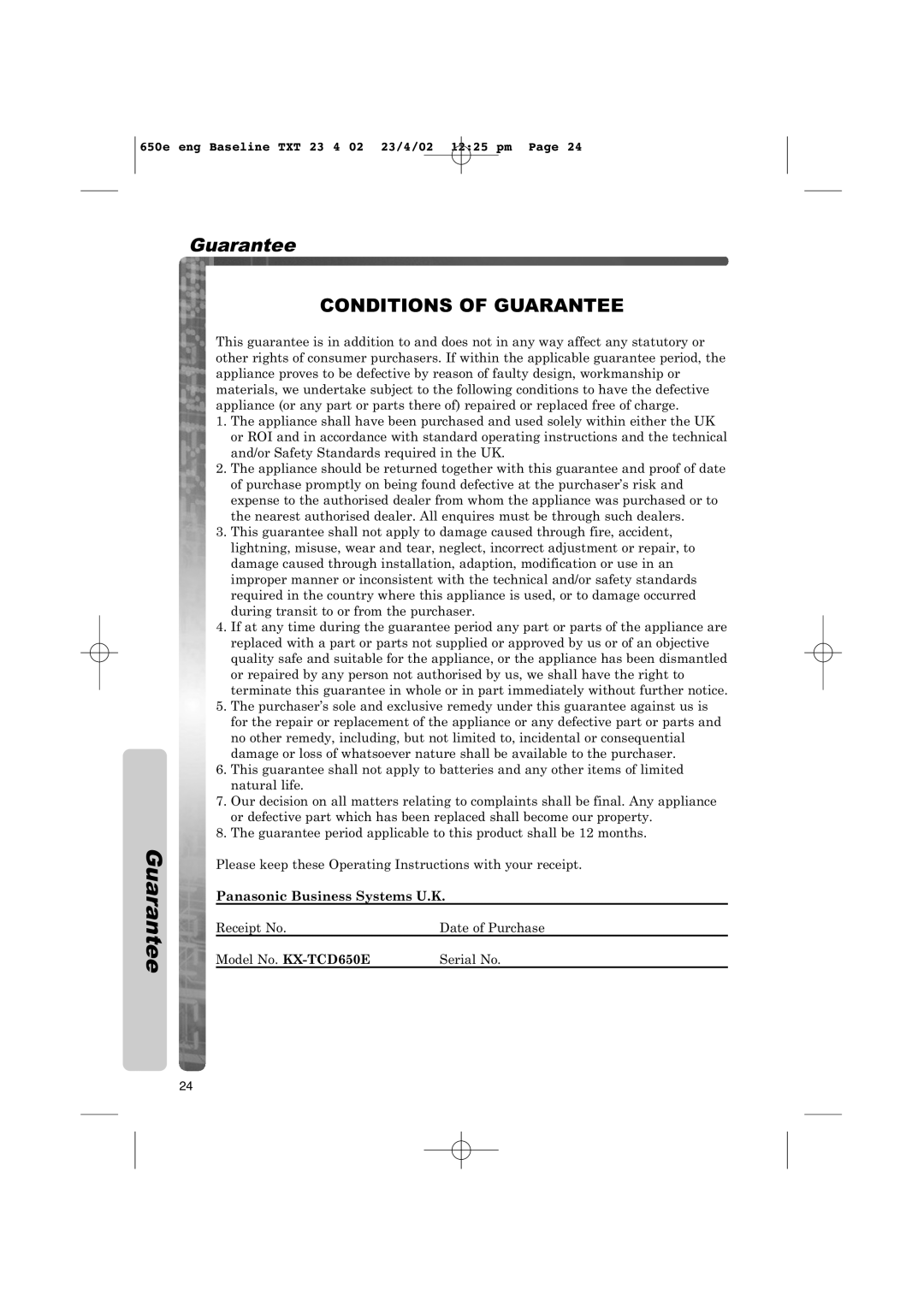 Panasonic KX-TCD650E operating instructions Guarantee, Panasonic Business Systems U.K 