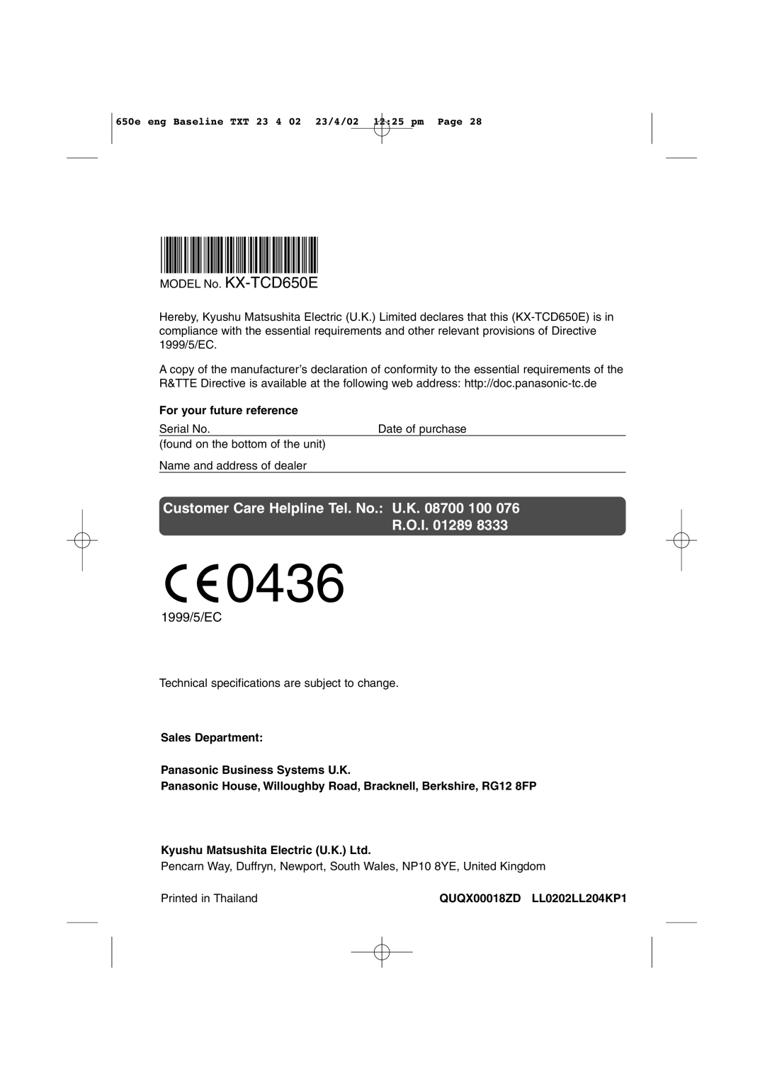 Panasonic KX-TCD650E operating instructions 0436 