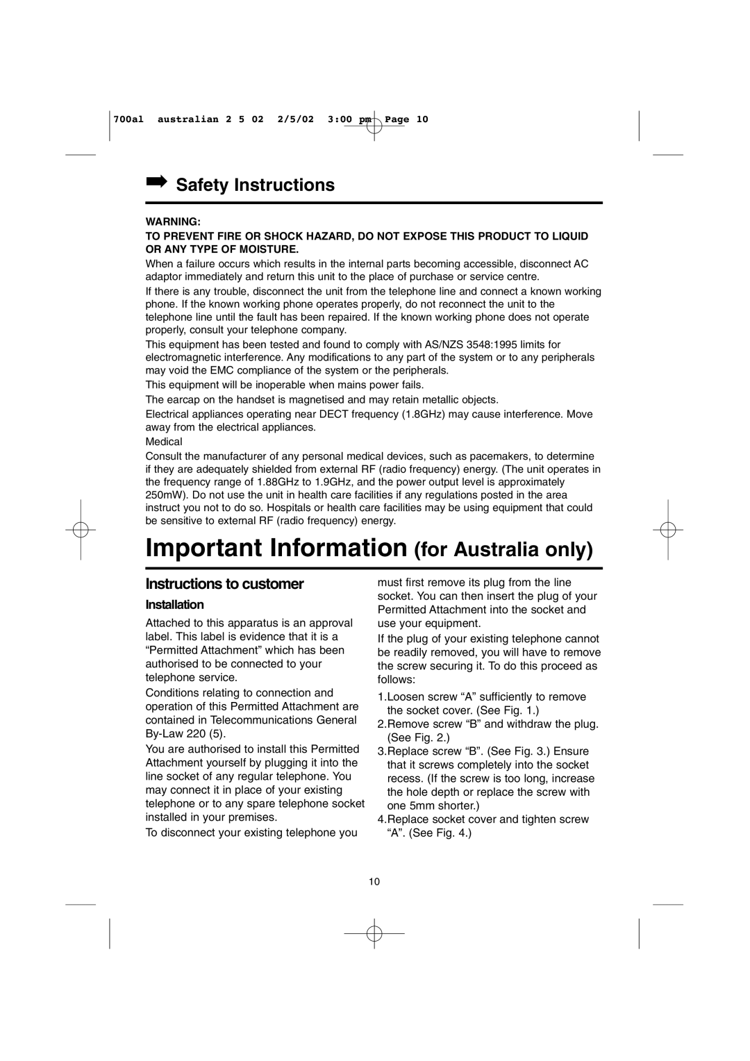 Panasonic KX-TCD700AL operating instructions Important Information for Australia only, Safety Instructions, Installation 