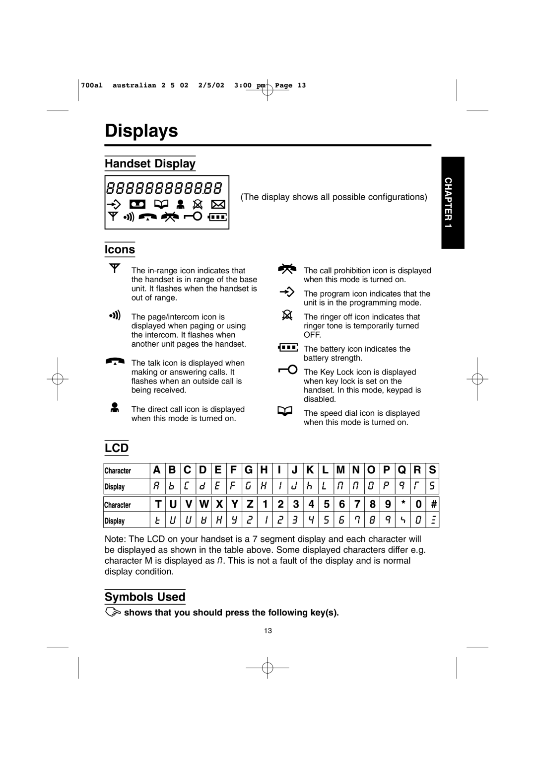 Panasonic KX-TCD700AL Handset Display, Icons, Symbols Used, Shows that you should press the following keys 