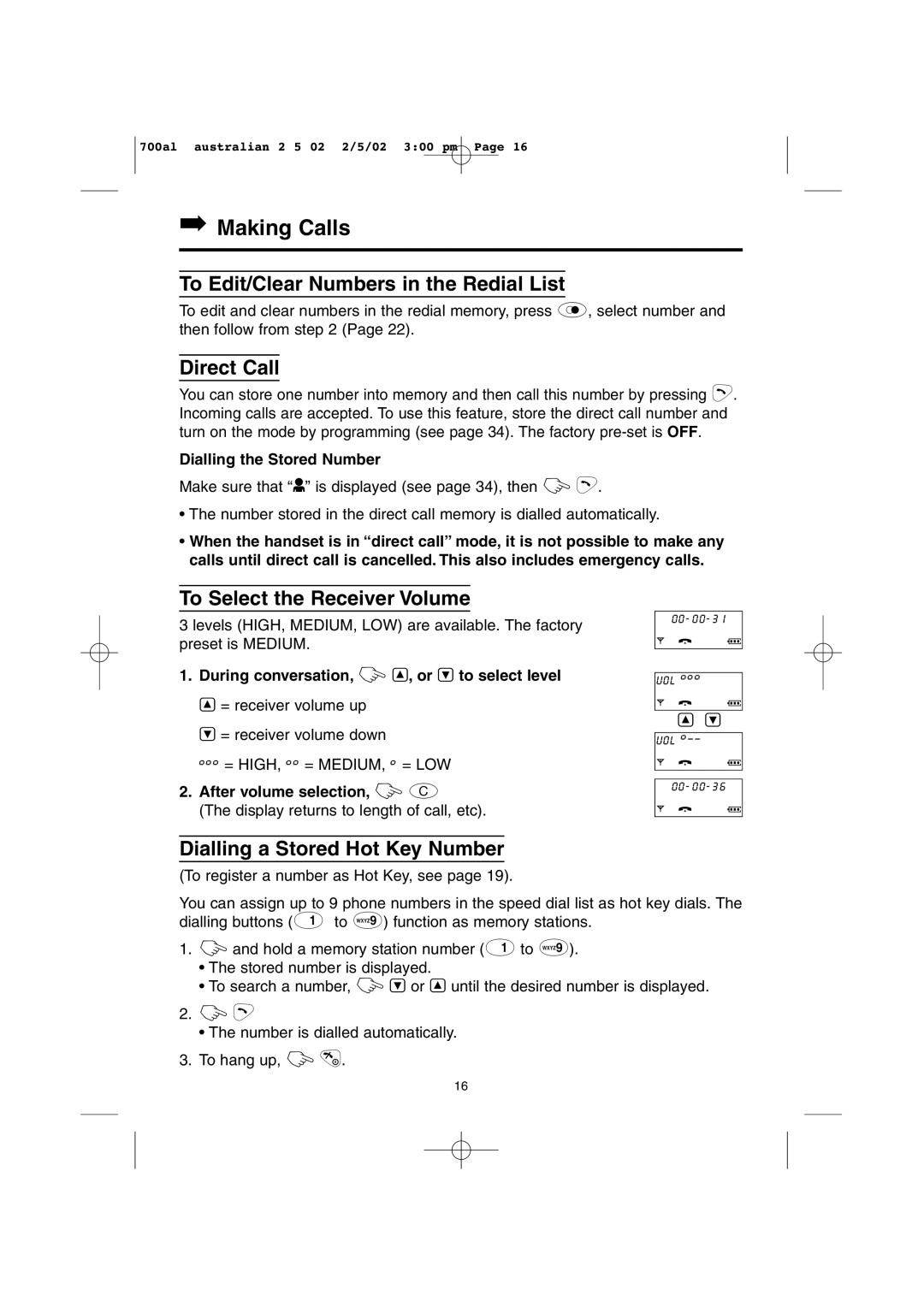 Panasonic KX-TCD700AL Making Calls, To Edit/Clear Numbers in the Redial List, Direct Call, To Select the Receiver Volume 