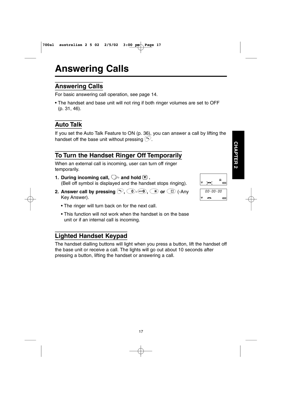 Panasonic KX-TCD700AL Answering Calls, Auto Talk, To Turn the Handset Ringer Off Temporarily, Lighted Handset Keypad 