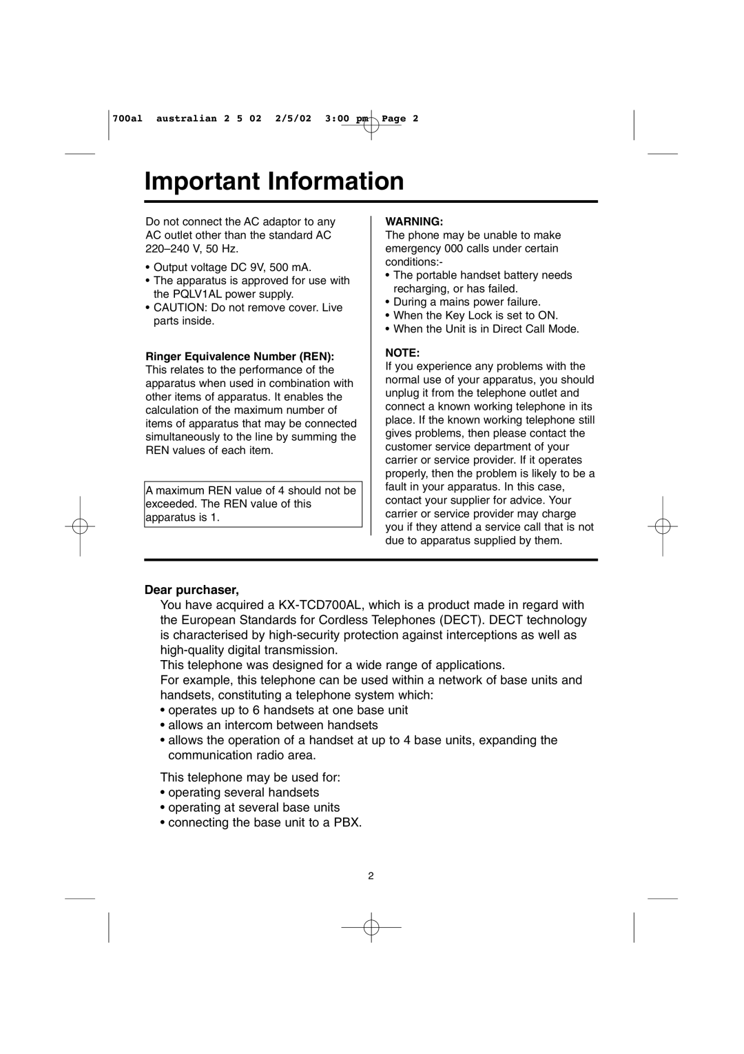 Panasonic KX-TCD700AL operating instructions Important Information, Dear purchaser 