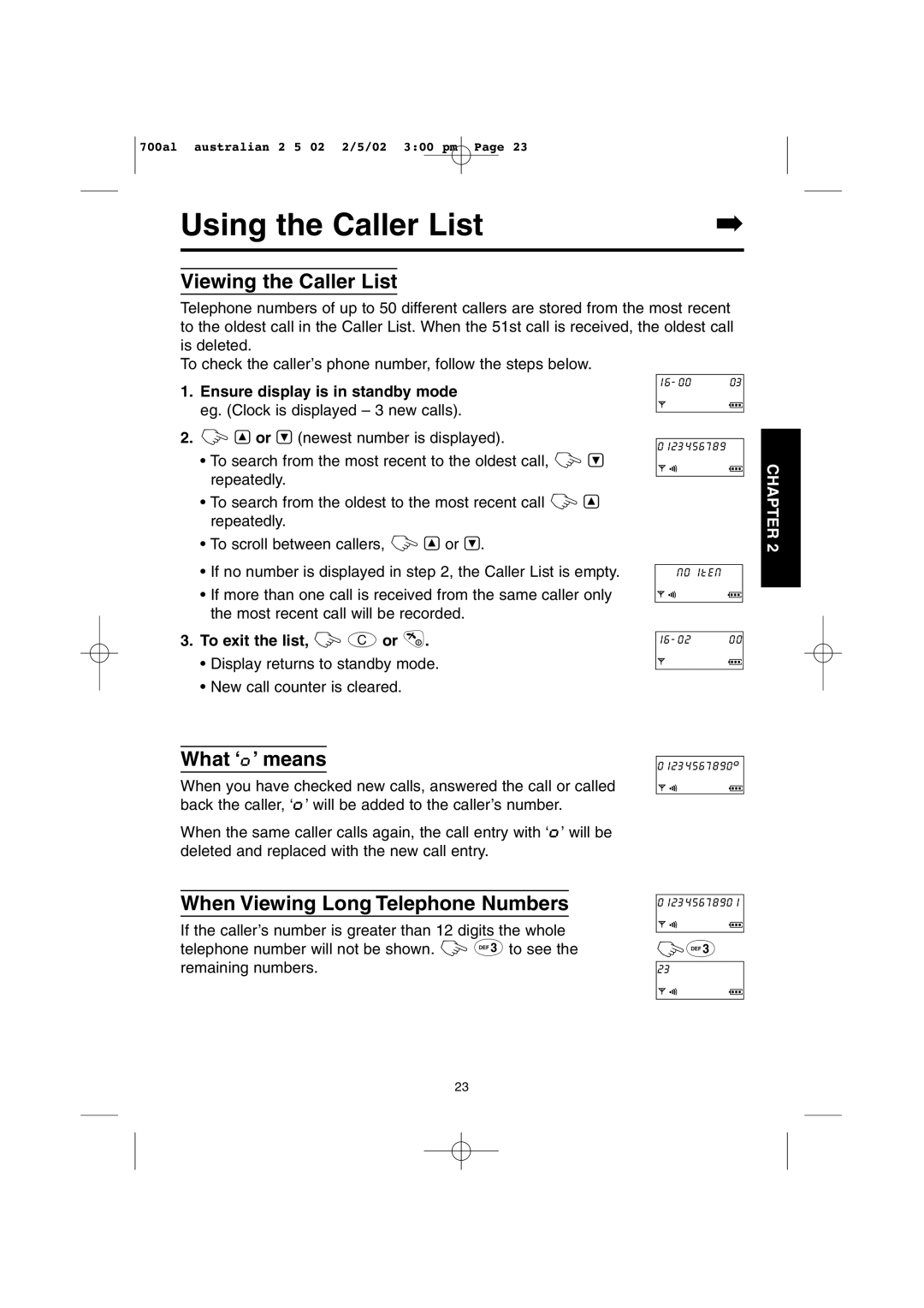 Panasonic KX-TCD700AL Using the Caller List, Viewing the Caller List, What ‘⁄’ means, When Viewing Long Telephone Numbers 