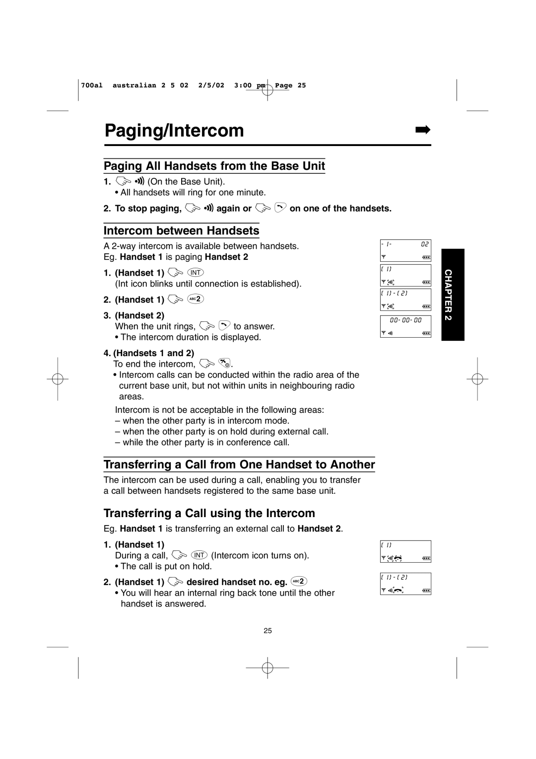 Panasonic KX-TCD700AL Paging/Intercom, Paging All Handsets from the Base Unit, Intercom between Handsets 