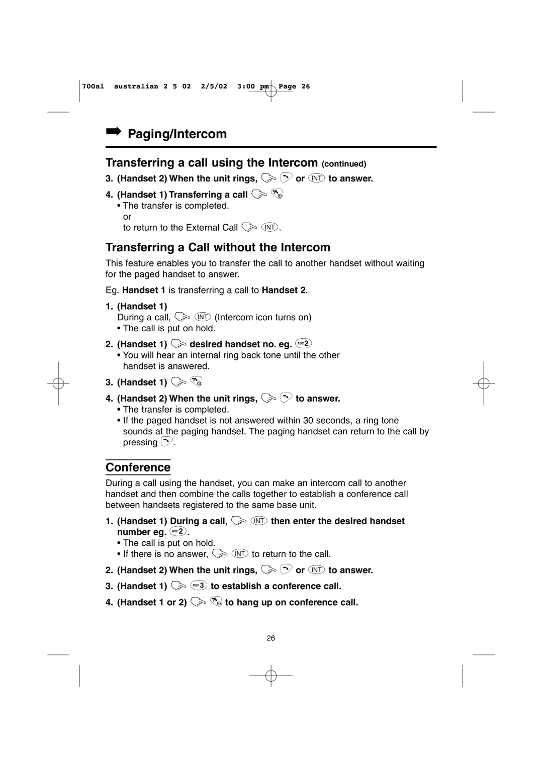 Panasonic KX-TCD700AL operating instructions Paging/Intercom, Transferring a Call without the Intercom, Conference 