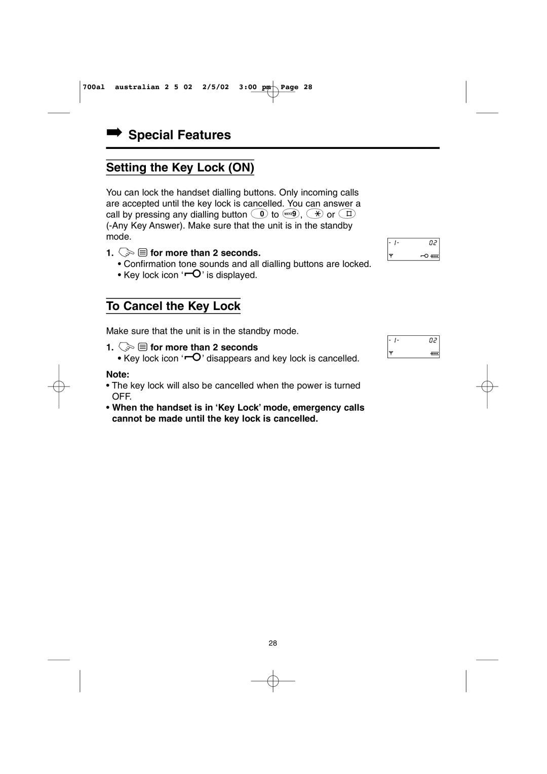 Panasonic KX-TCD700AL Special Features, Setting the Key Lock on, To Cancel the Key Lock, Y for more than 2 seconds 