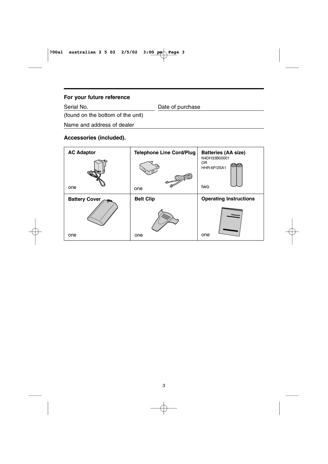 Panasonic KX-TCD700AL operating instructions AC Adaptor Telephone Line Cord/Plug Batteries AA size 