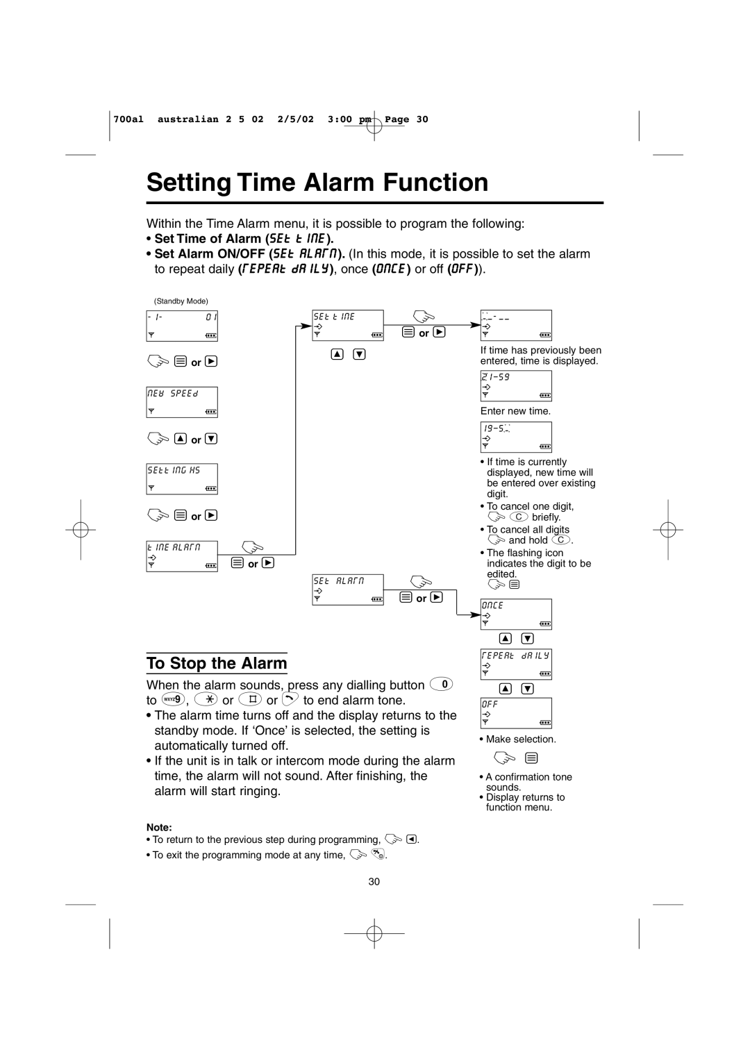 Panasonic KX-TCD700AL operating instructions Setting Time Alarm Function, To Stop the Alarm, Set Time of Alarm set time 