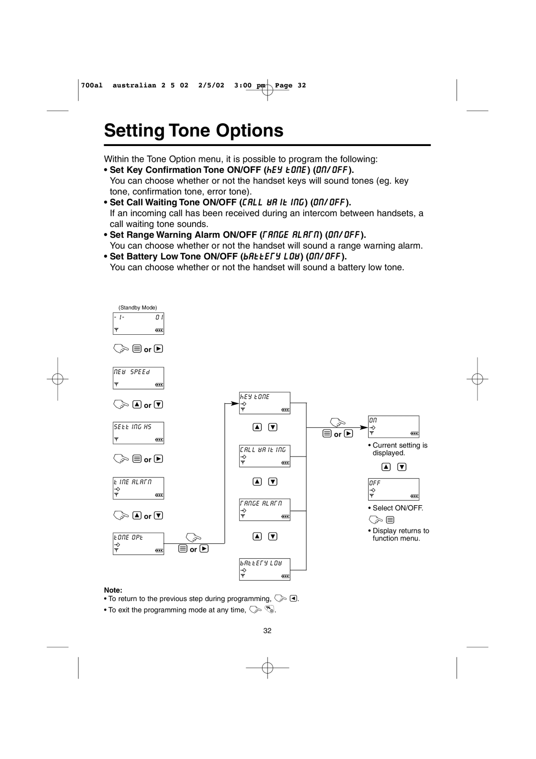 Panasonic KX-TCD700AL operating instructions Setting Tone Options, Set Key Confirmation Tone ON/OFF key tone on/off 