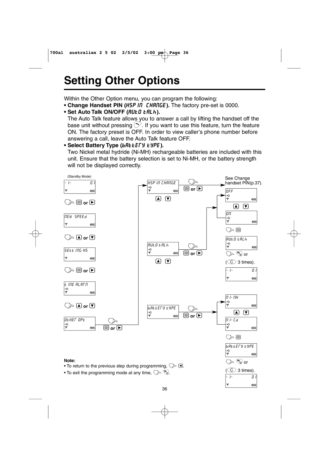 Panasonic KX-TCD700AL Setting Other Options, Set Auto Talk ON/OFF auto talk, Select Battery Type battery type 