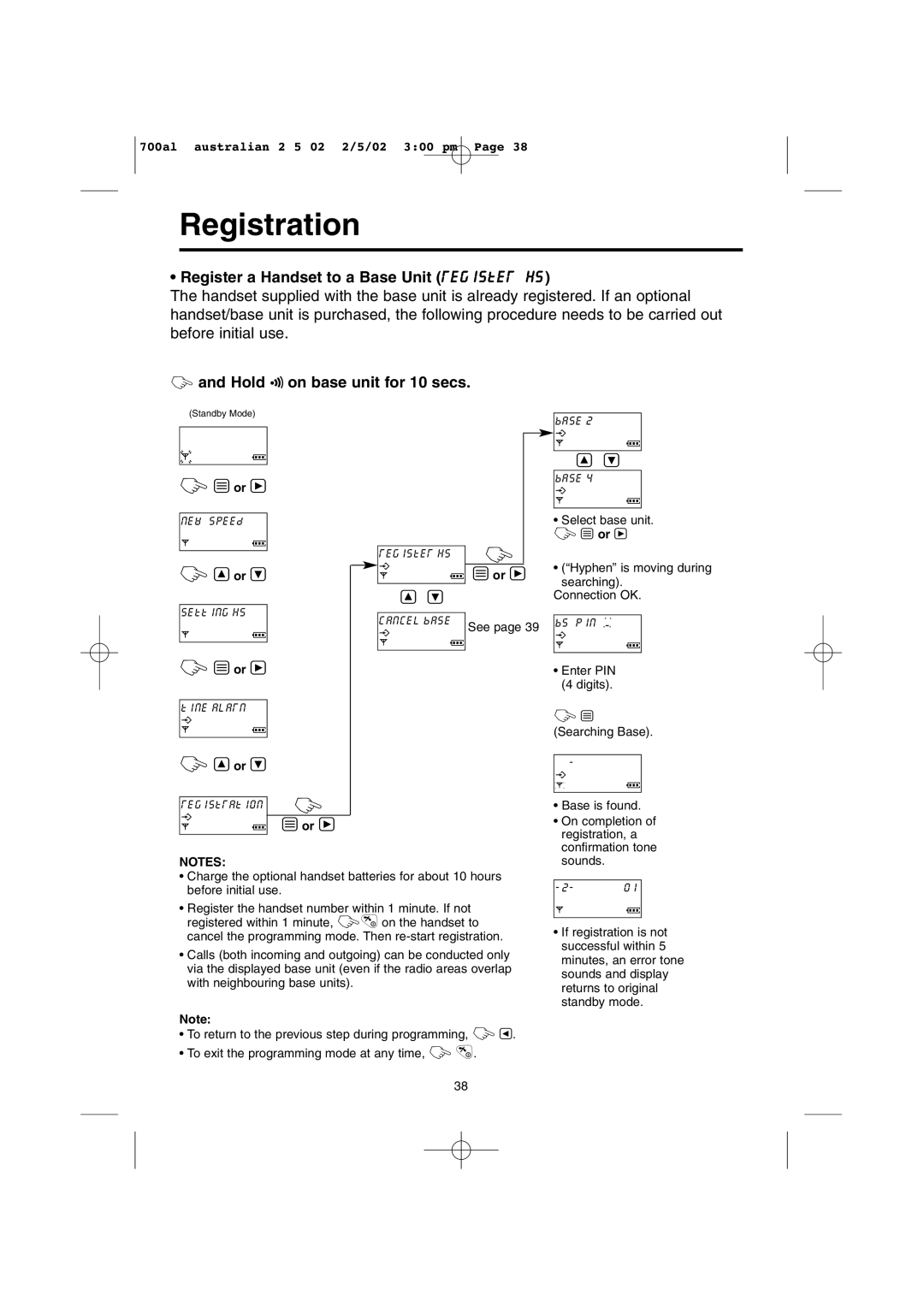 Panasonic KX-TCD700AL Registration, Register a Handset to a Base Unit register hs, Hold Ï on base unit for 10 secs 