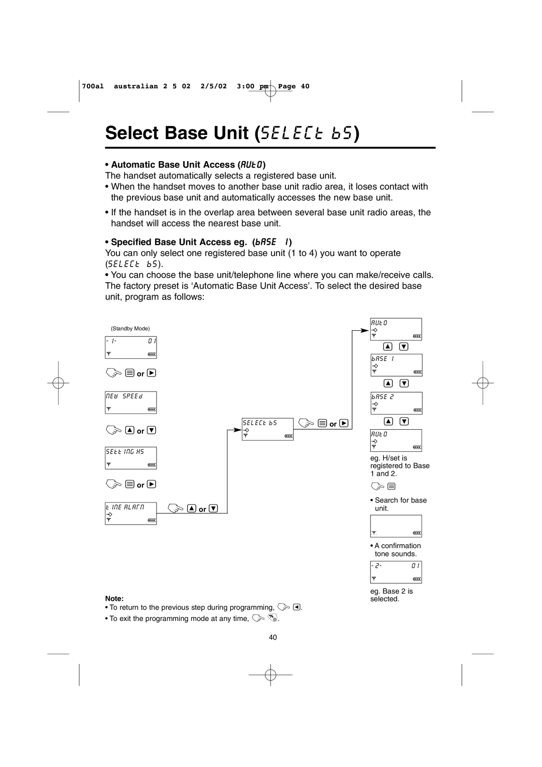 Panasonic KX-TCD700AL Select Base Unit select bs, Automatic Base Unit Access auto, Specified Base Unit Access eg. base 